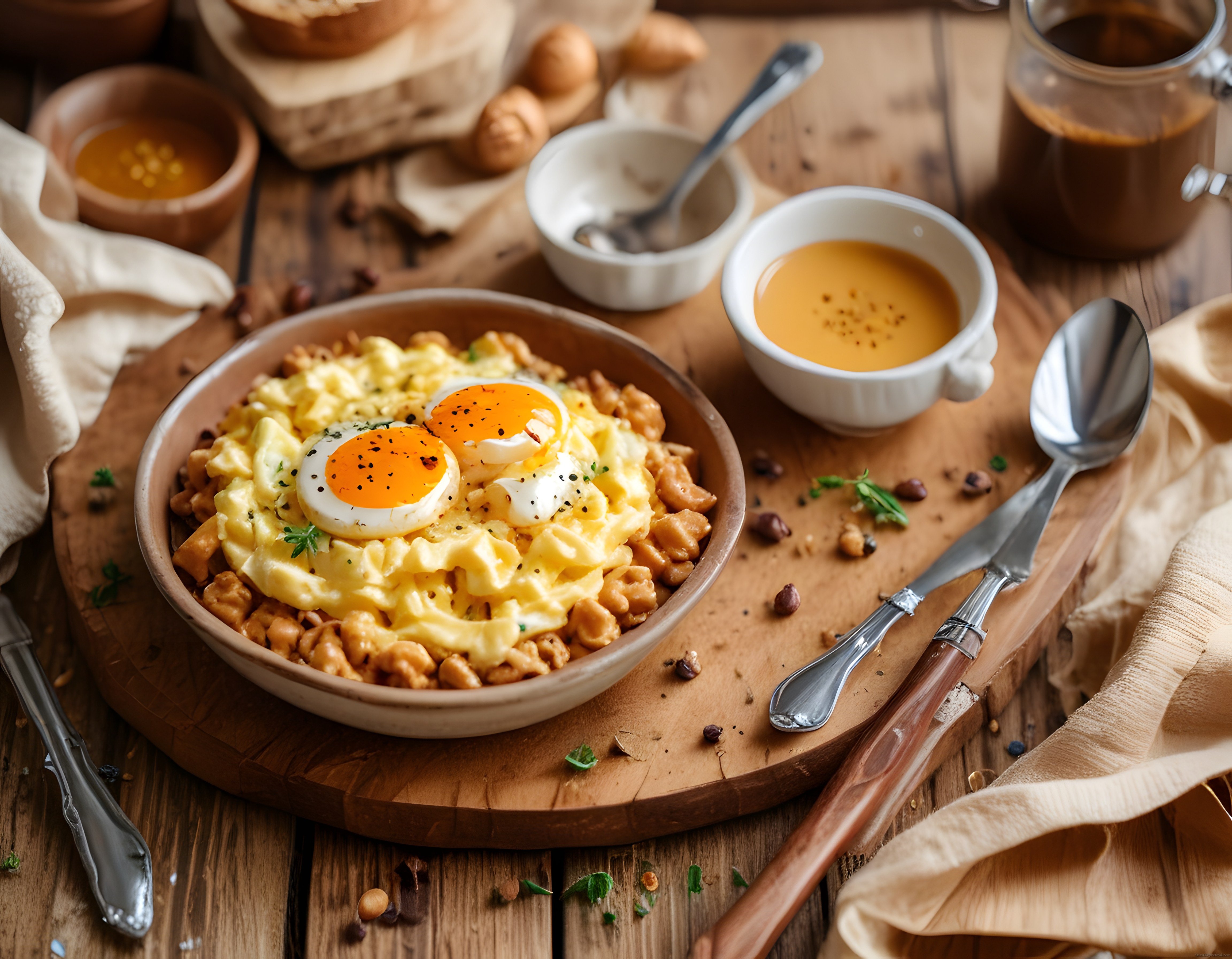 Rustik Masada Kahvaltı Keyfi: Yumurta, Kuruyemiş ve Taze Ekmek