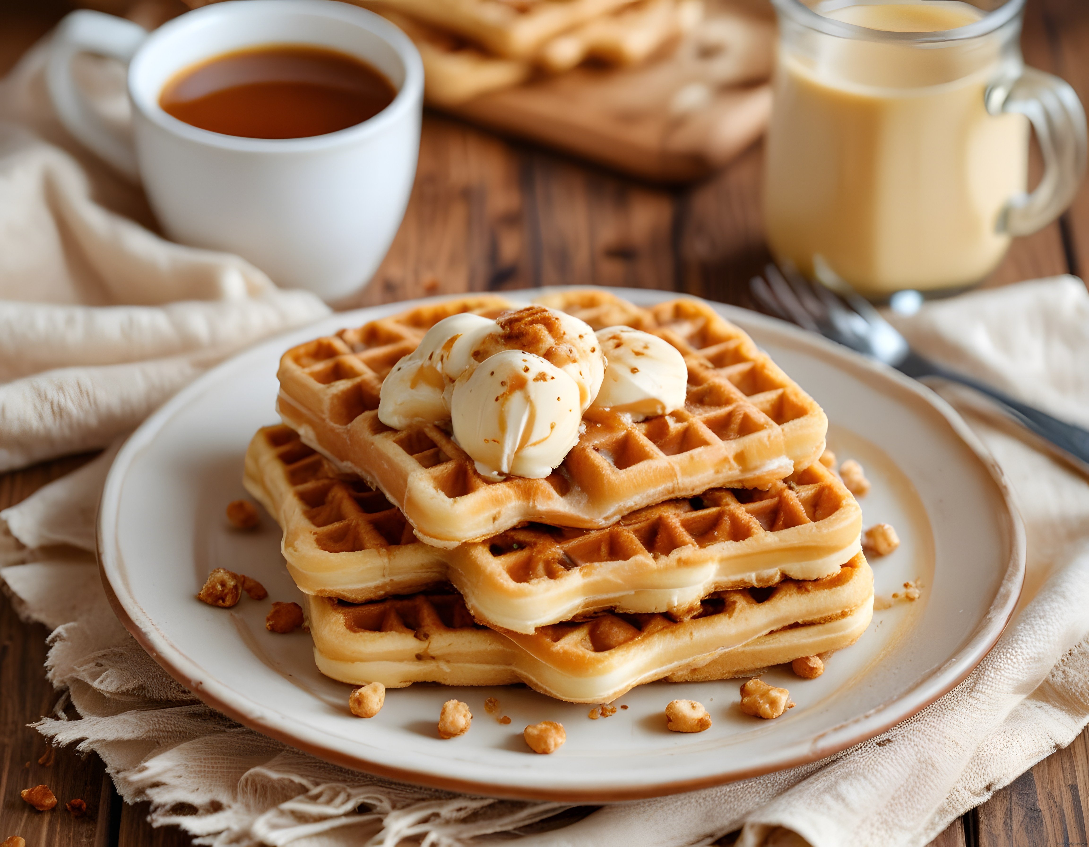 Rustik Masada Karamel Soslu Waffle ve Sıcak Kahve Kahvaltı Keyfi