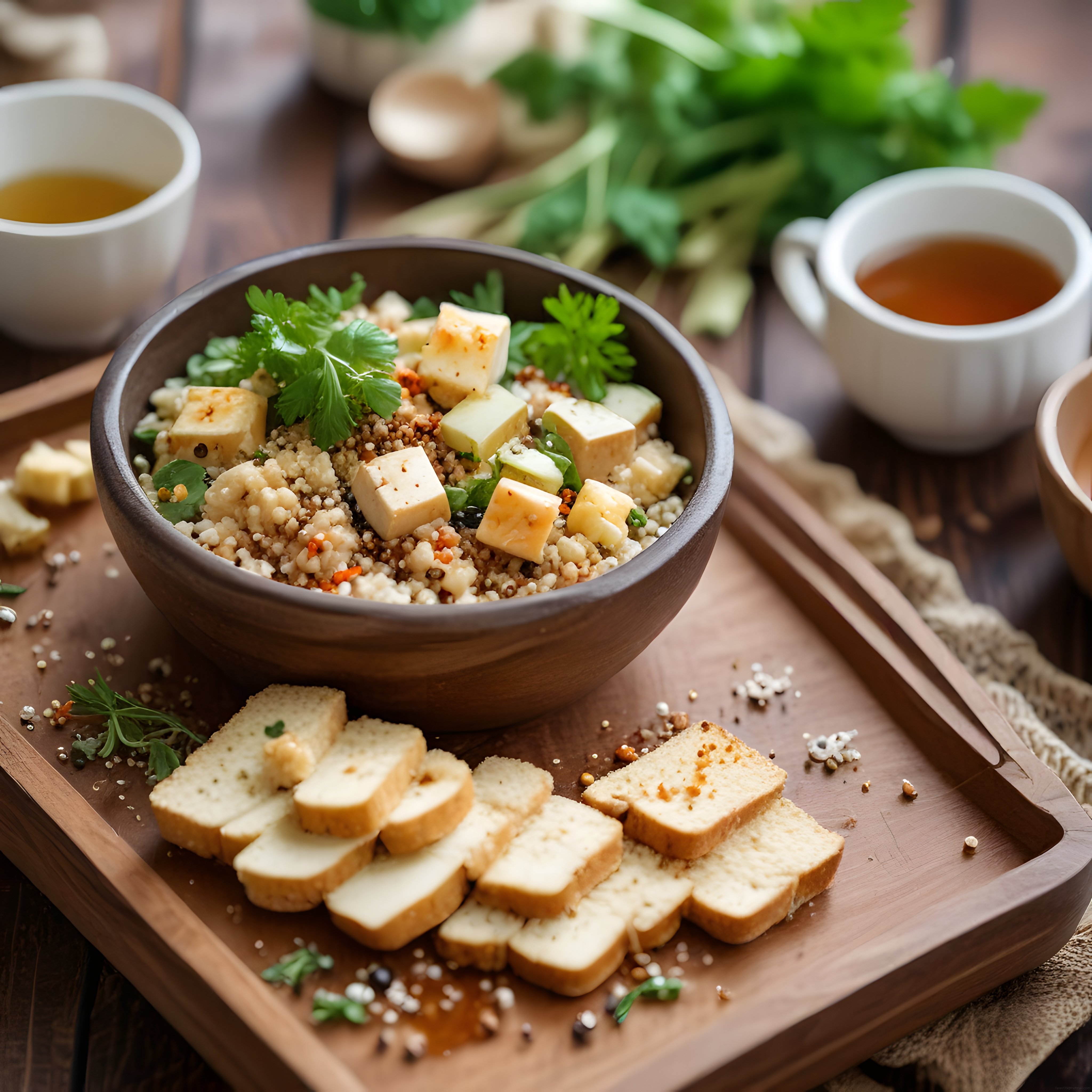 Rustik Masada Kinoa Peynir Salatası ve Ev Yapımı Ekmek Sunumu