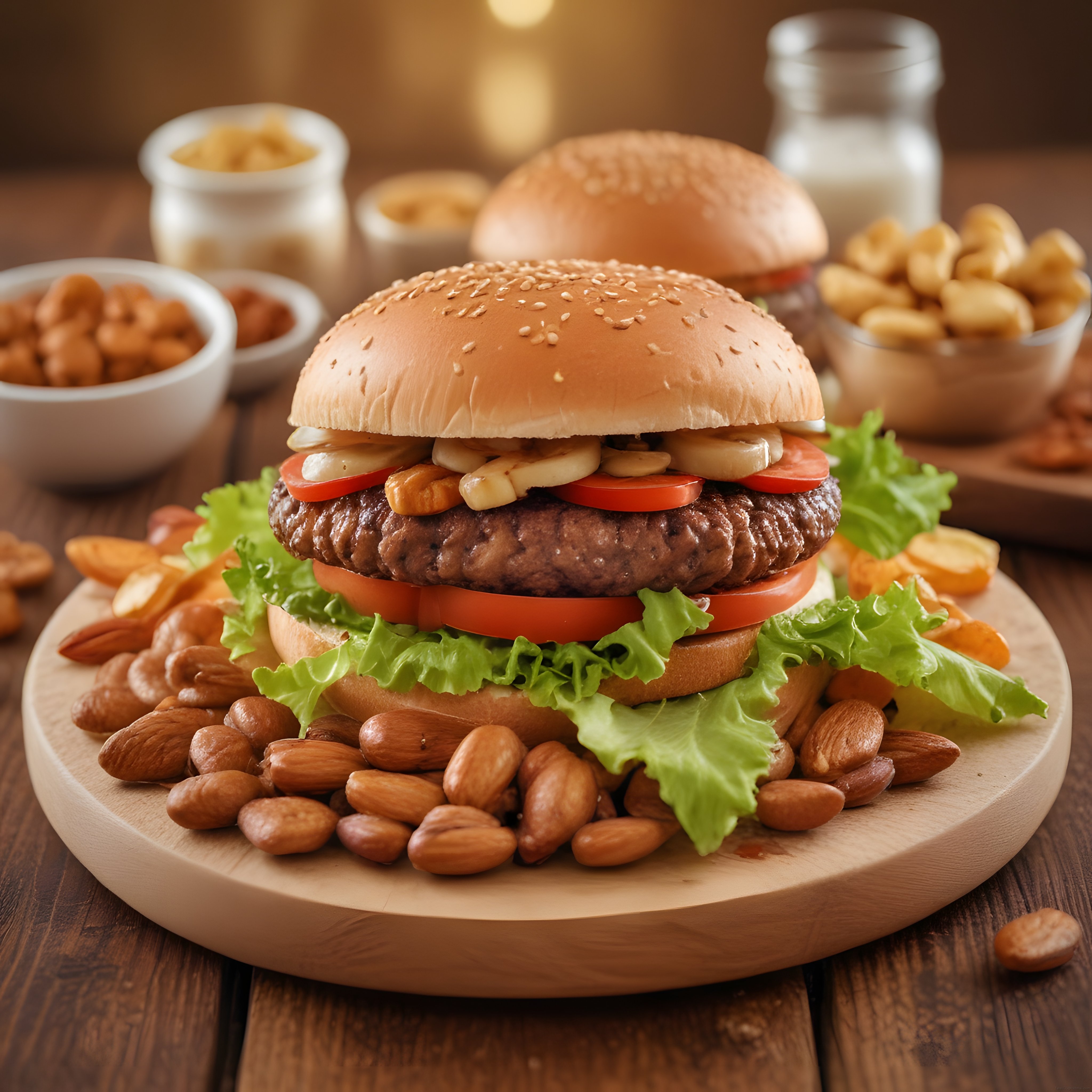 Rustik Masada Kuruyemiş ve Yeşillikle Süslenmiş Gurme Hamburger
