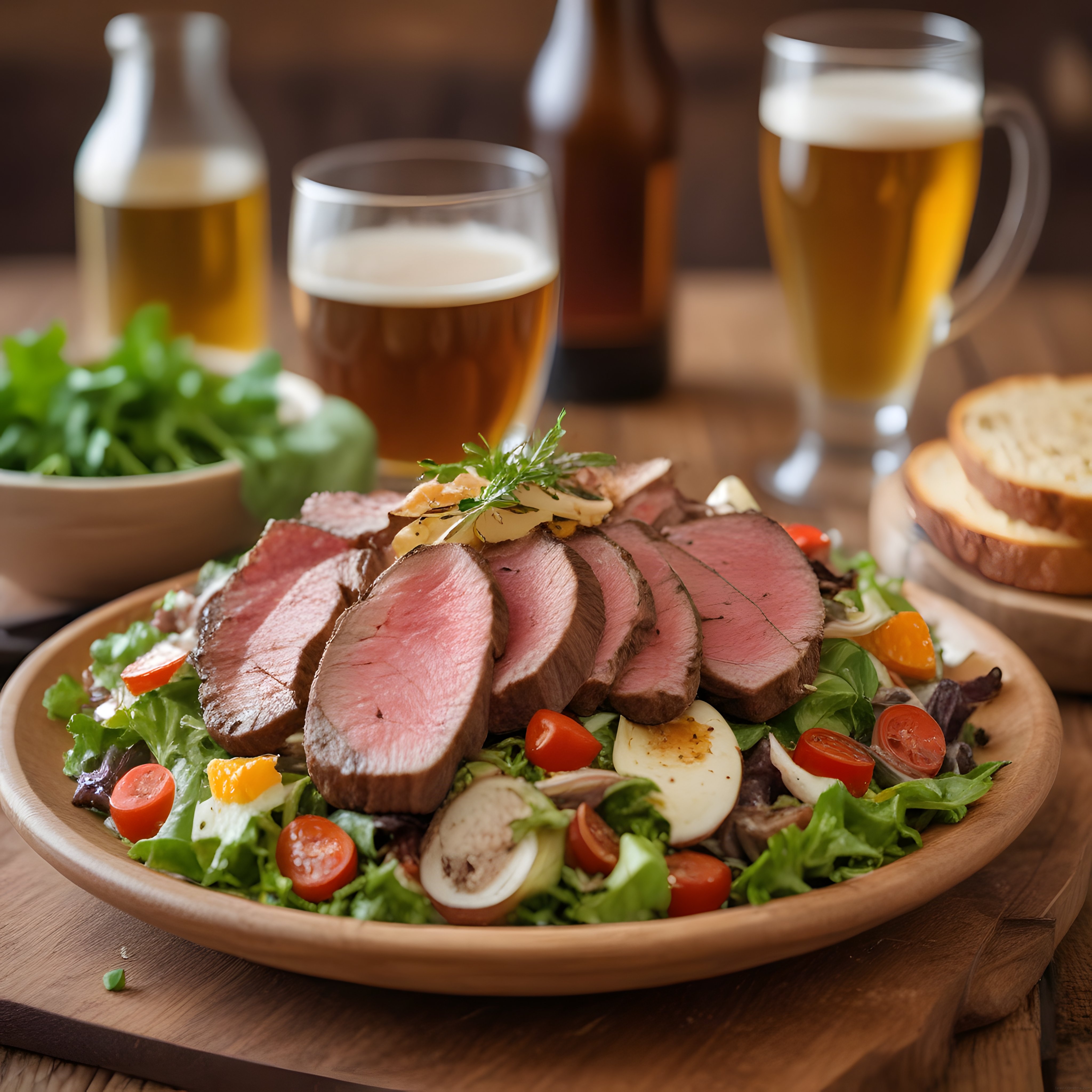 Rustik Masada Orta Pişmiş Biftek Salata ve Bira ile Lezzetli Sunum