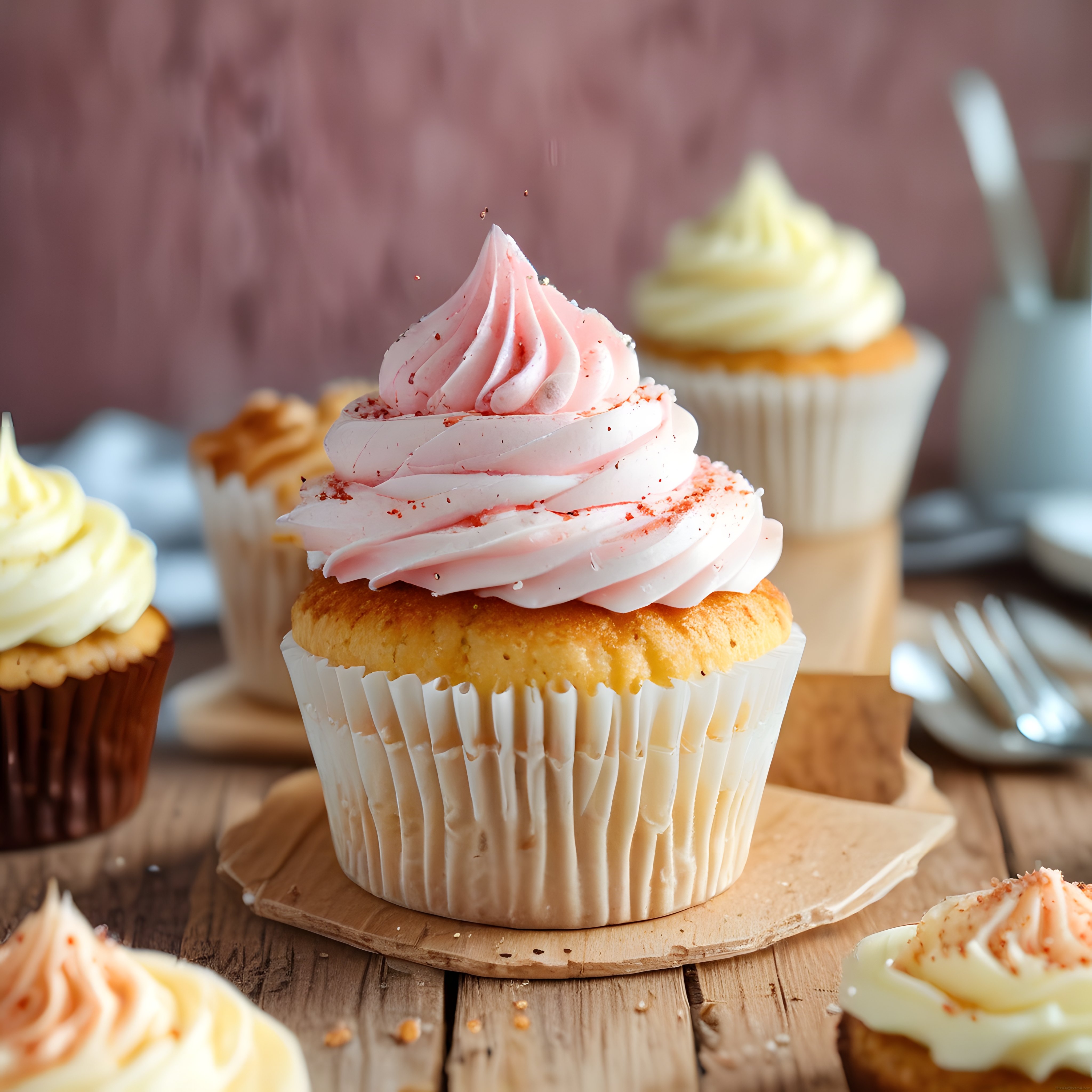 Rustik Masada Pembe Kremalı Cupcake ve Renkli Krema Süslü Tatlılar