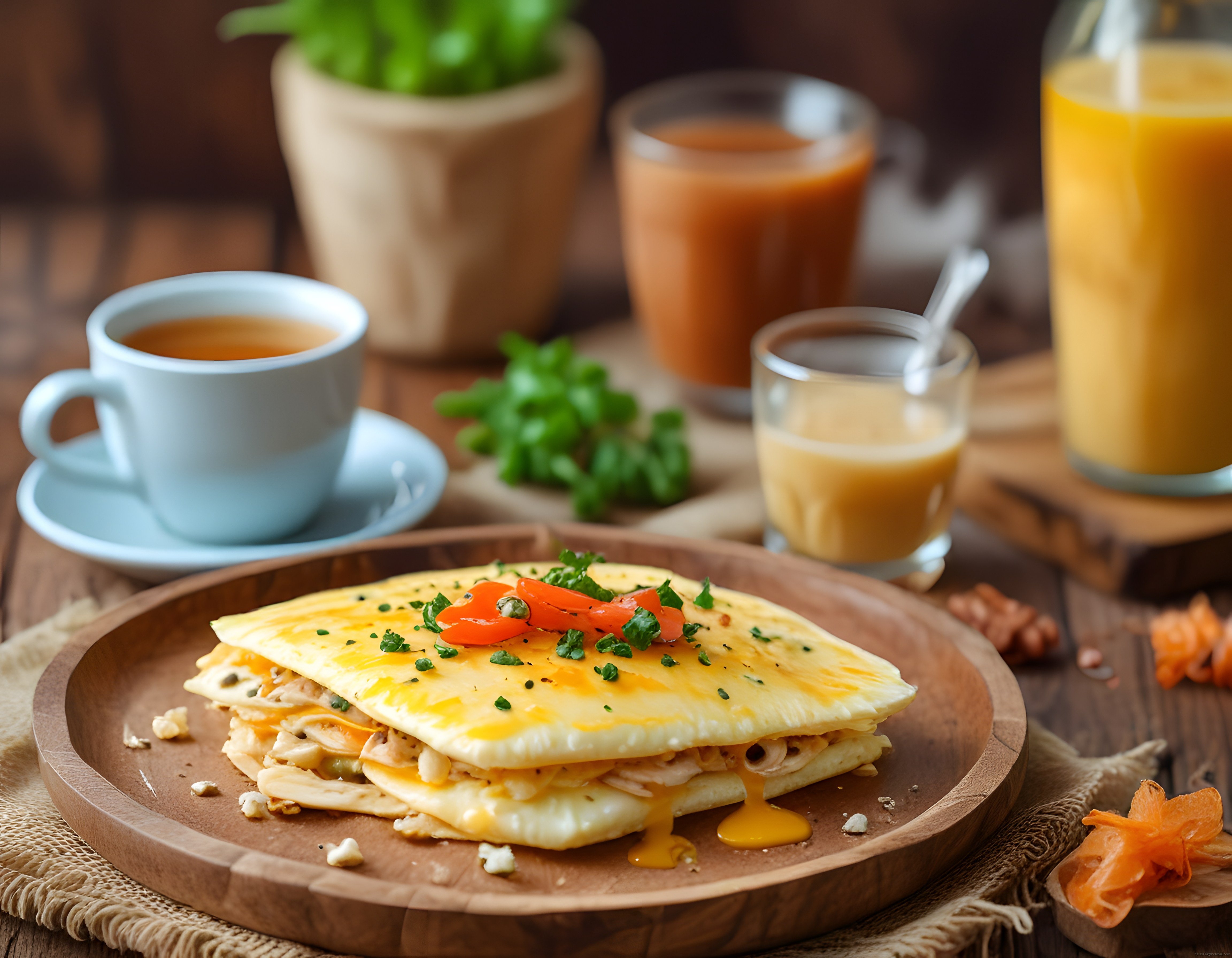 Rustik Masada Peynirli Tavuklu Omlet ve Portakal Suyuyla Egzotik Kahvaltı