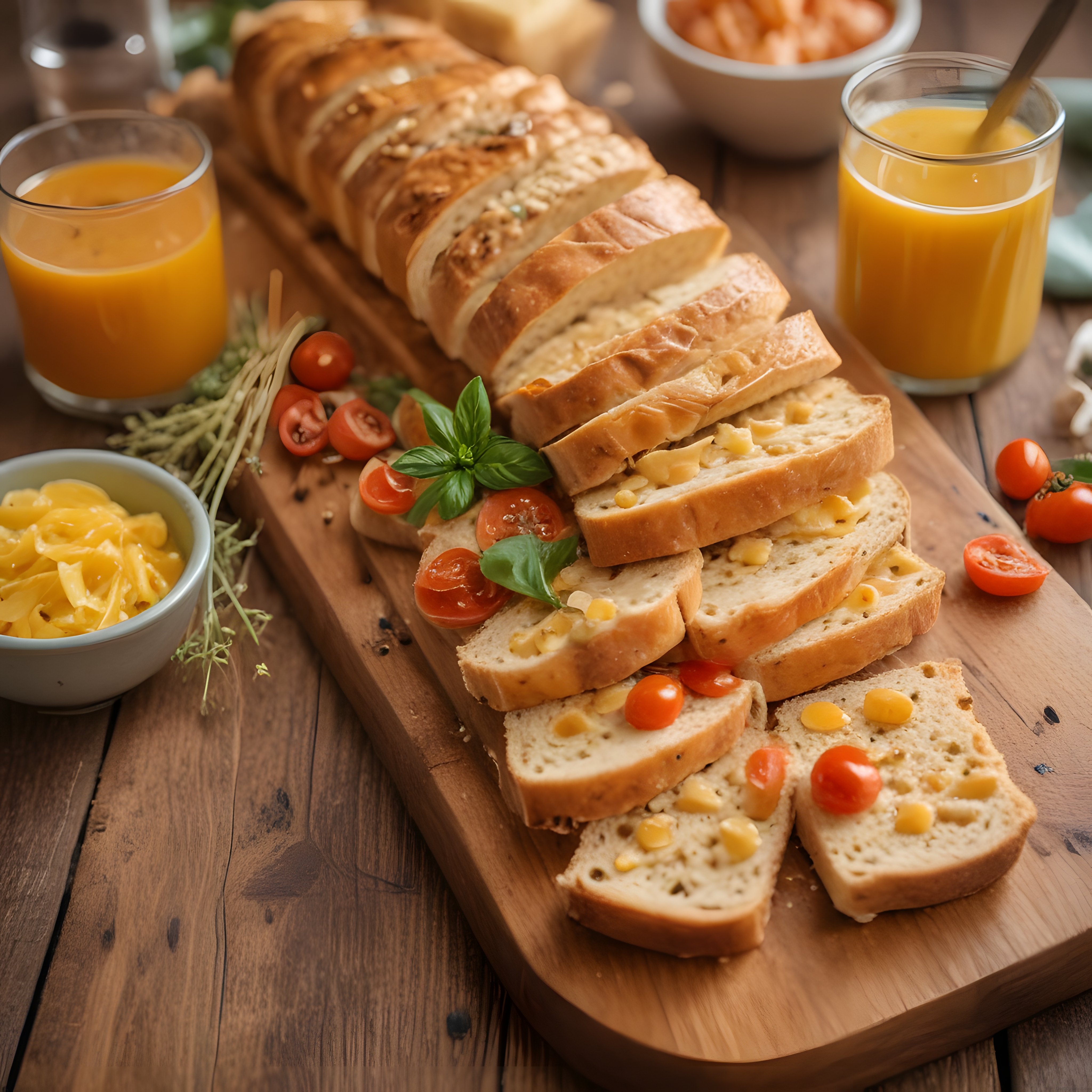 Rustik masada taze ekmek, domates, fesleğen ve peynirli kahvaltı sunumu