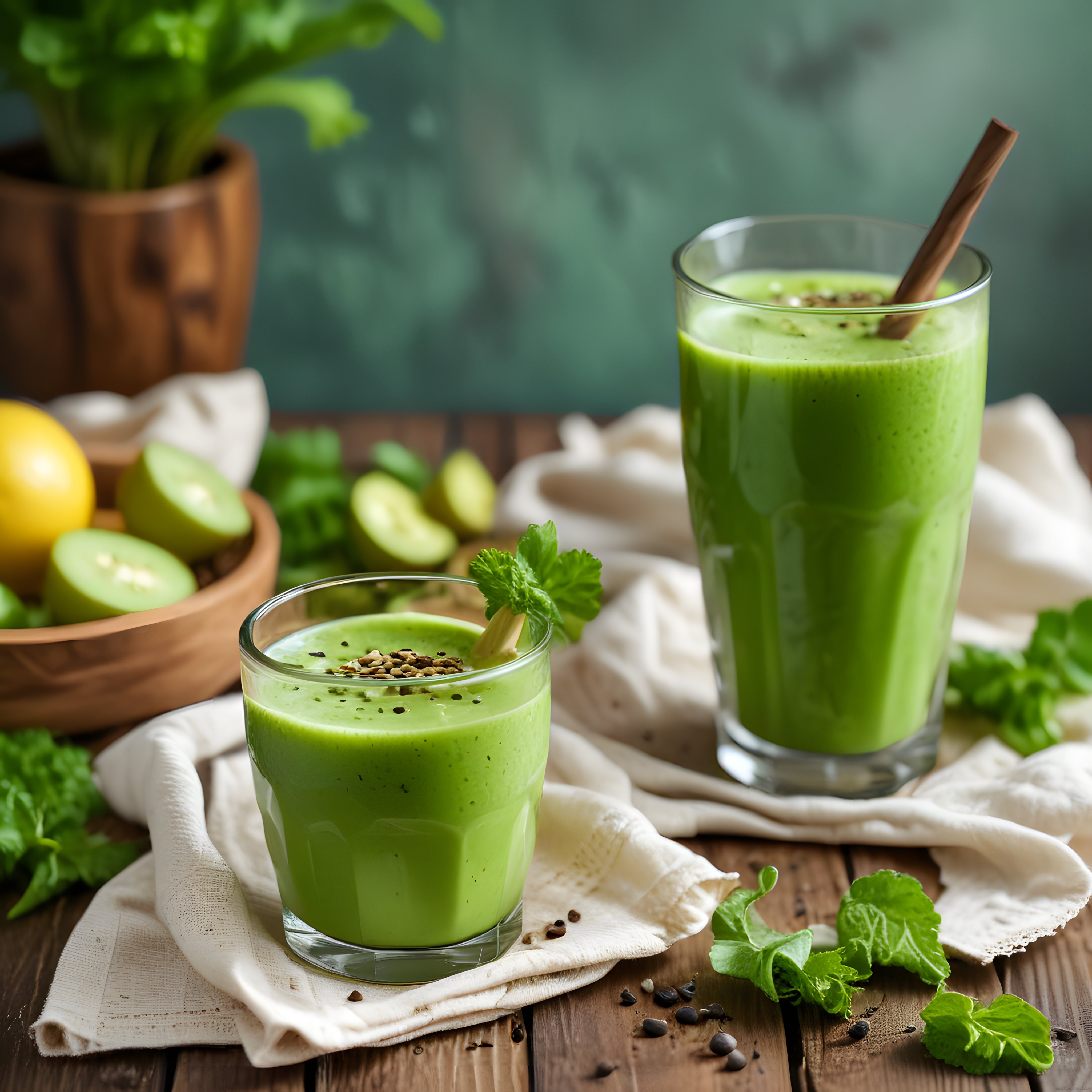 Rustik Masada Taze Yeşil Smoothie ve Sağlıklı Detoks İçeceği Sunumu