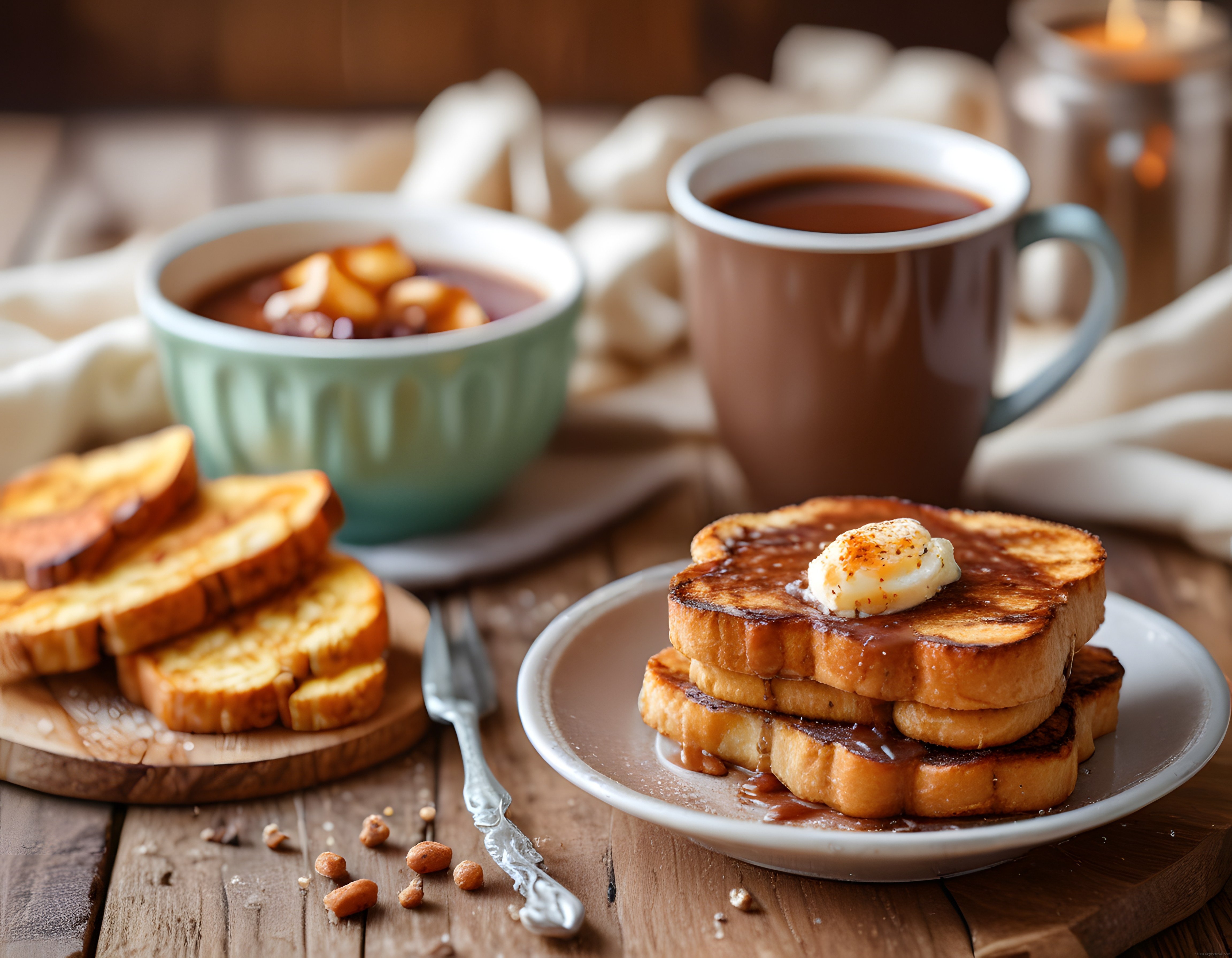 Rustik Masada Tereyağlı French Toast ve Sıcak Kahve ile Kahvaltı Keyfi