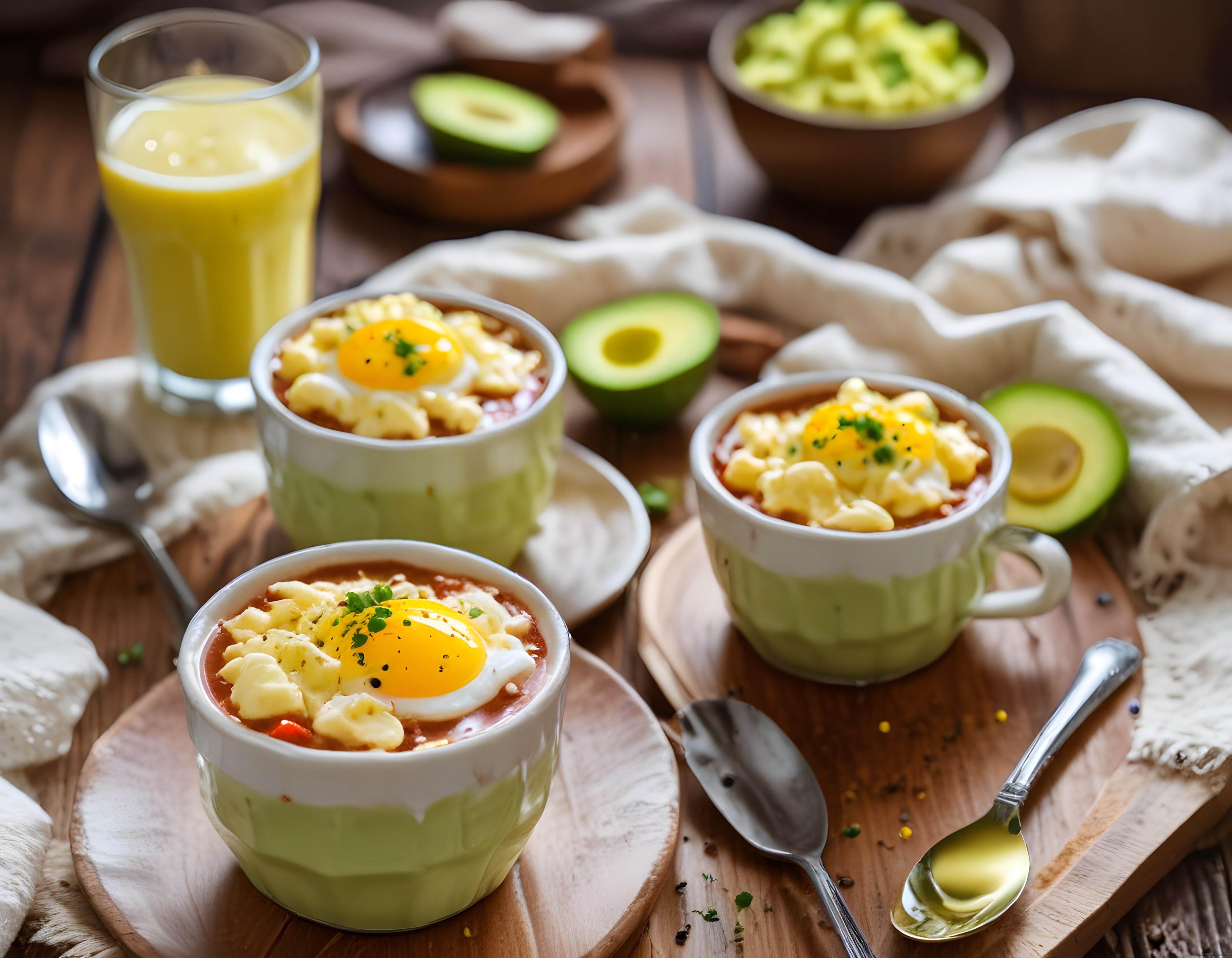 Rustik Masada Yumurtalı Soslu Kahvaltı Kupaları, Avokado ve Portakal Suyu