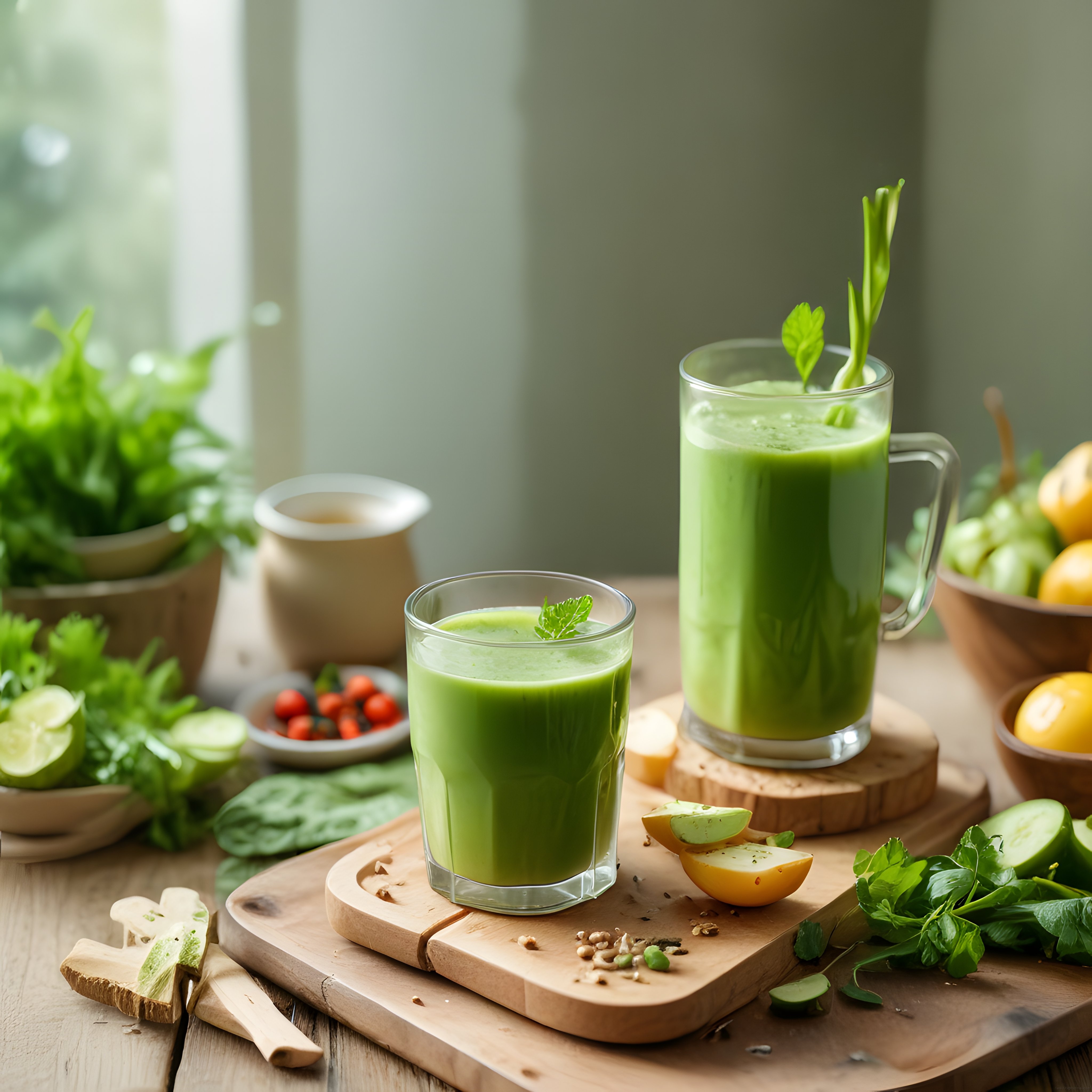 Rustik Mutfahta Taze Yeşil Smoothie ve Doğal Detoks Suyu Sunumu