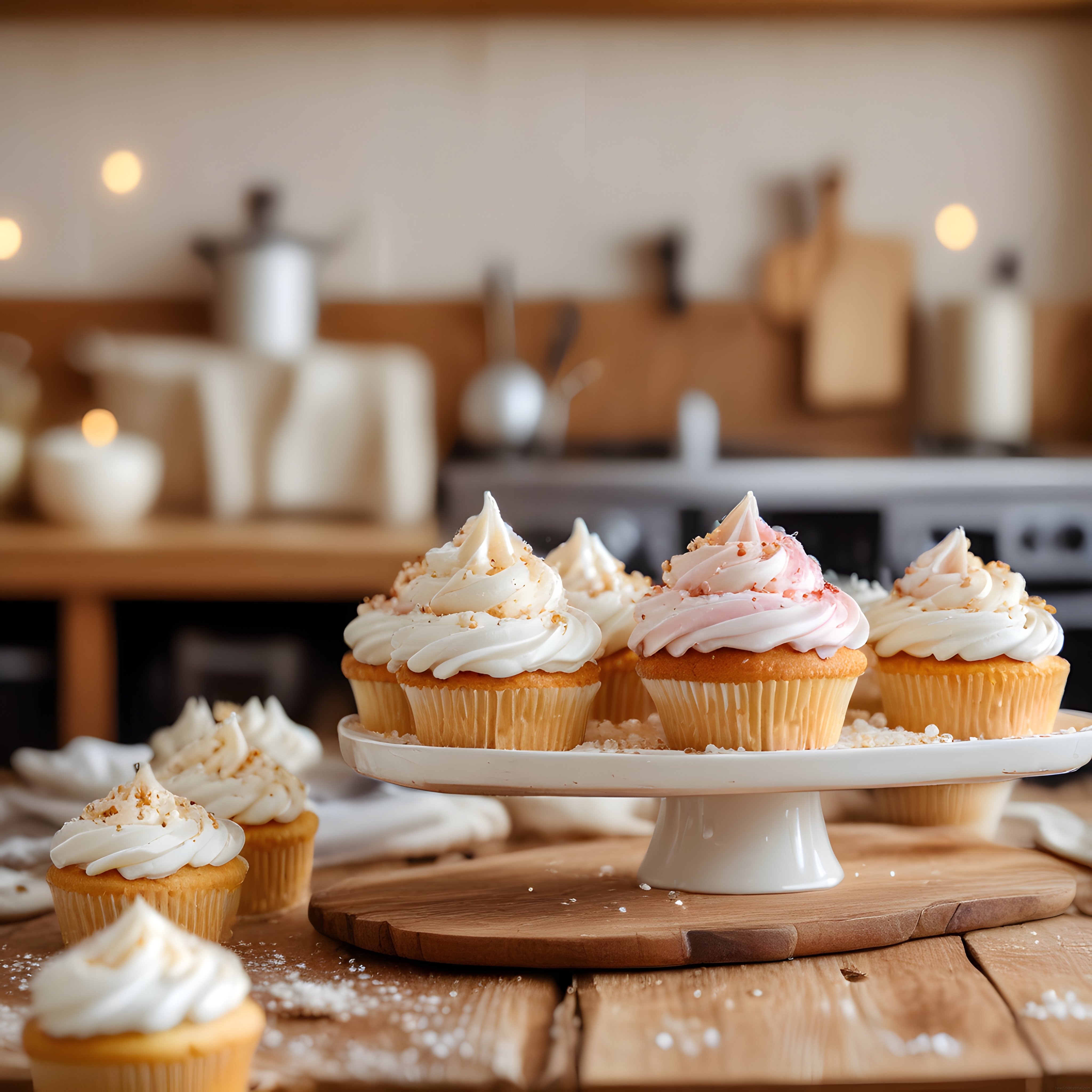 Rustik Mutfak Atmosferinde Beyaz ve Pembe Kremalı Cupcake Sunumu