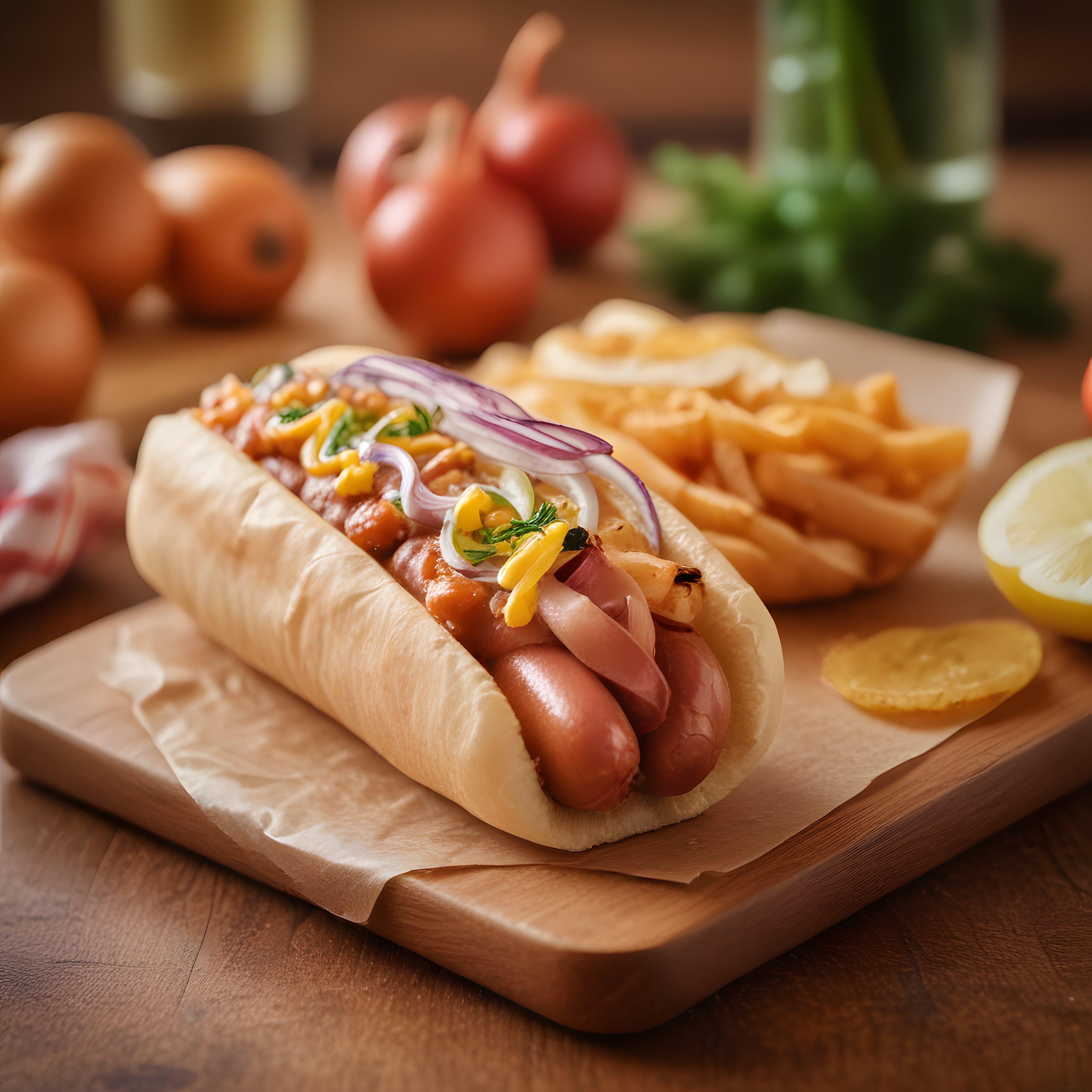 rustik mutfak atmosferinde karamelize soğanlı hot dog ve çıtır patates