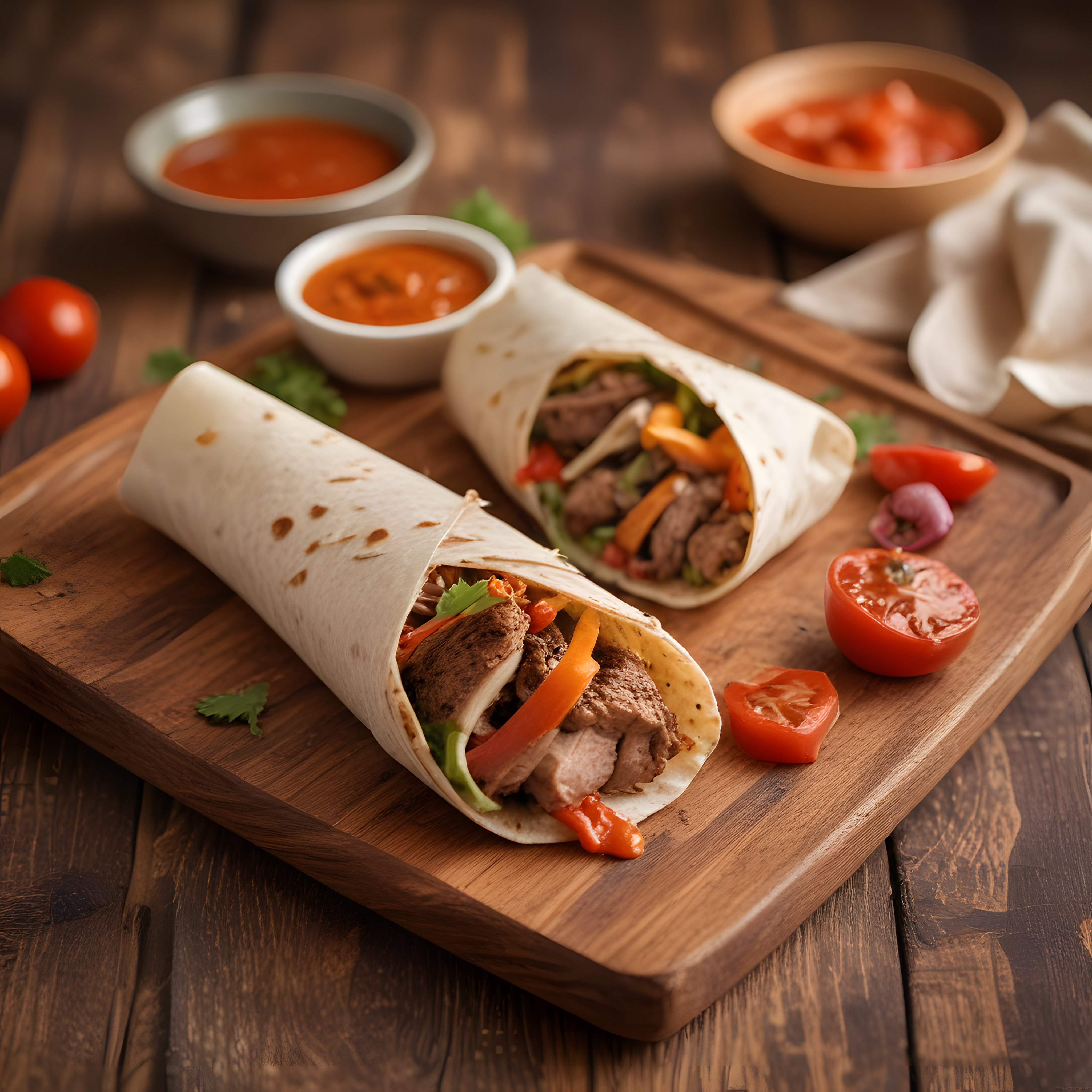 Rustik Mutfak Atmosferinde Soslar ve Domateslerle Etli Tortilla Wrap