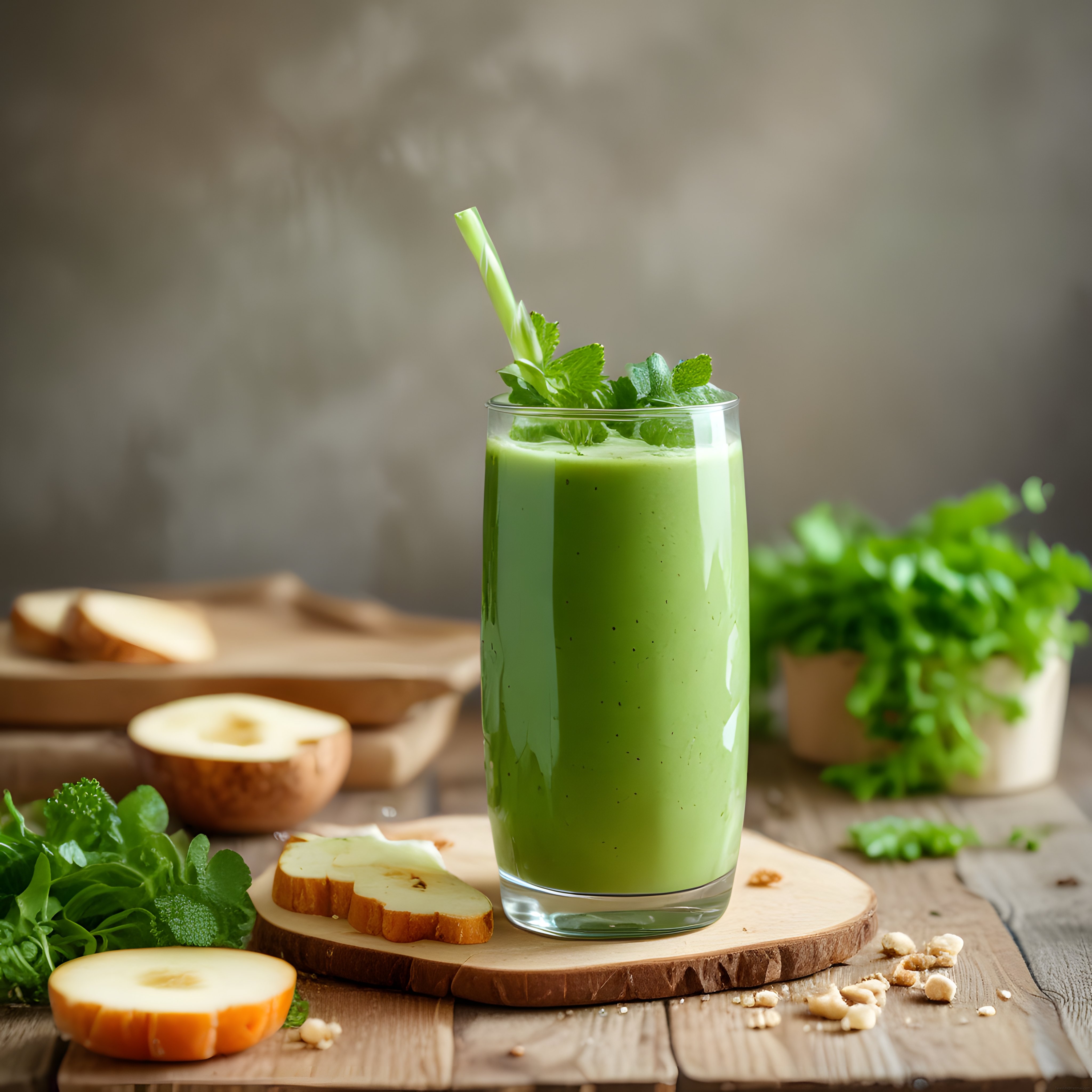 Rustik Mutfak Atmosferinde Vitamin Deposu Yeşil Smoothie ve Taze Meyveler