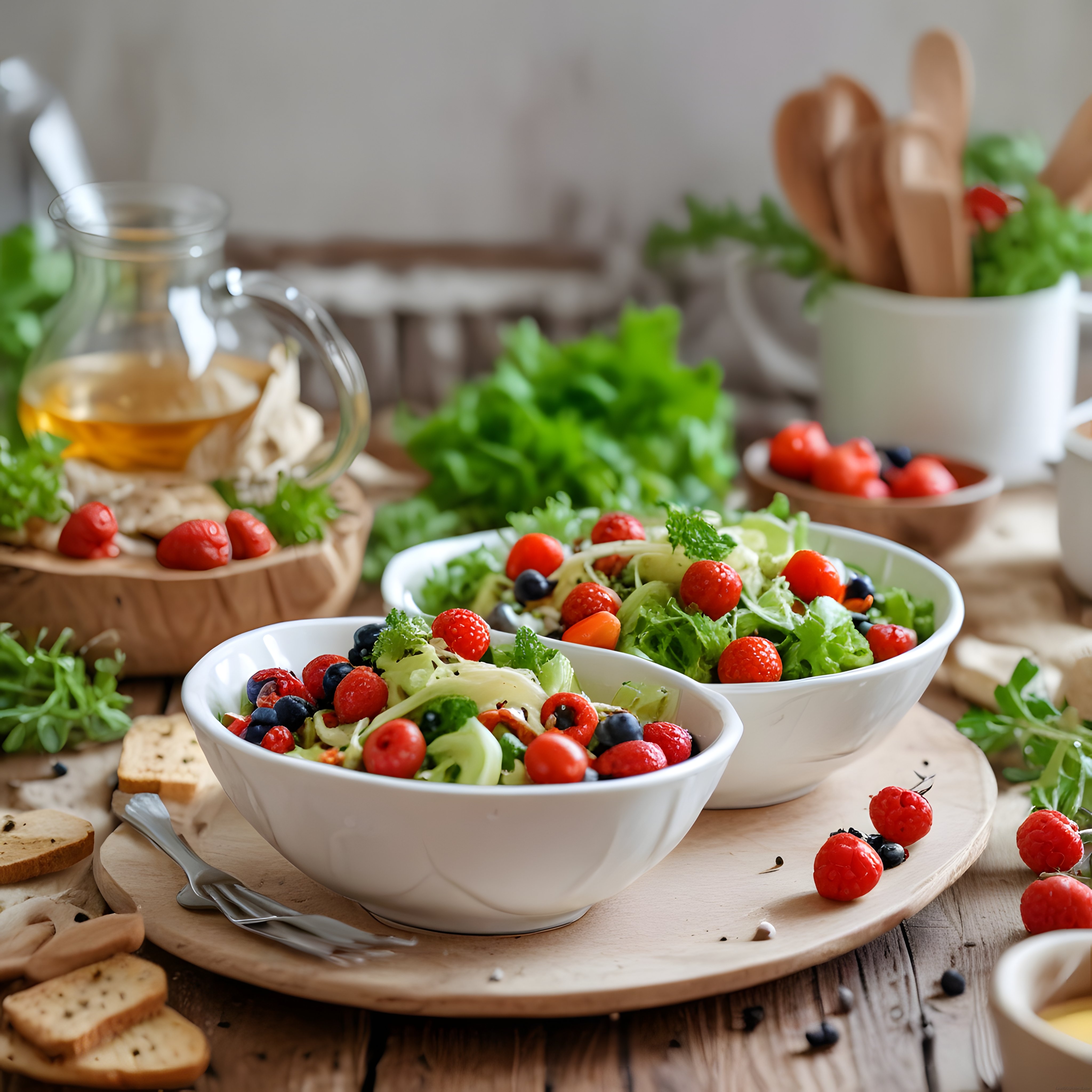 Rustik Mutfak Masasında Böğürtlenli Yaban Mersinli Taze Salata Sunumu