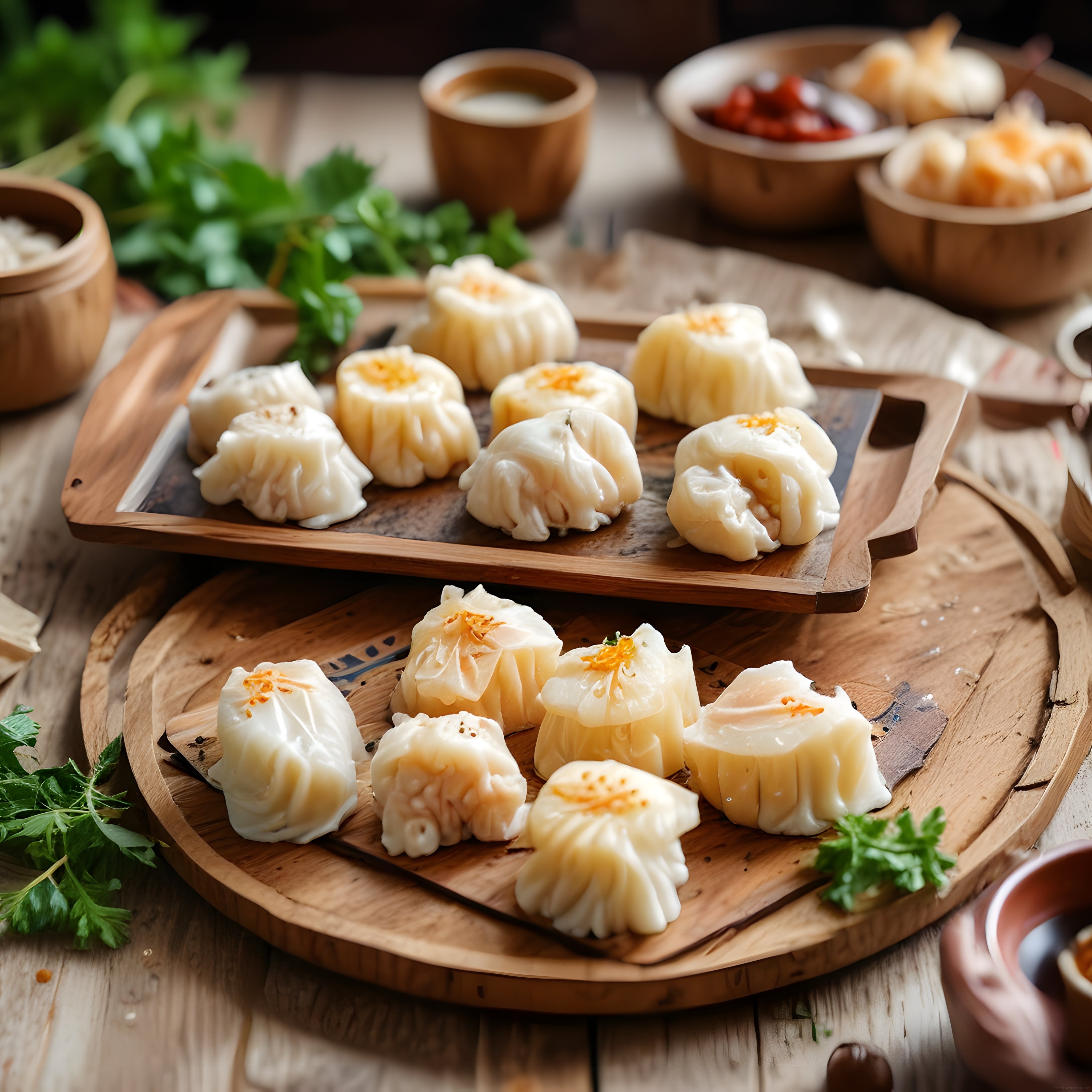 Rustik Mutfak Masasında Buharda Pişmiş Çin Mantıları ve Dim Sum Sunumu