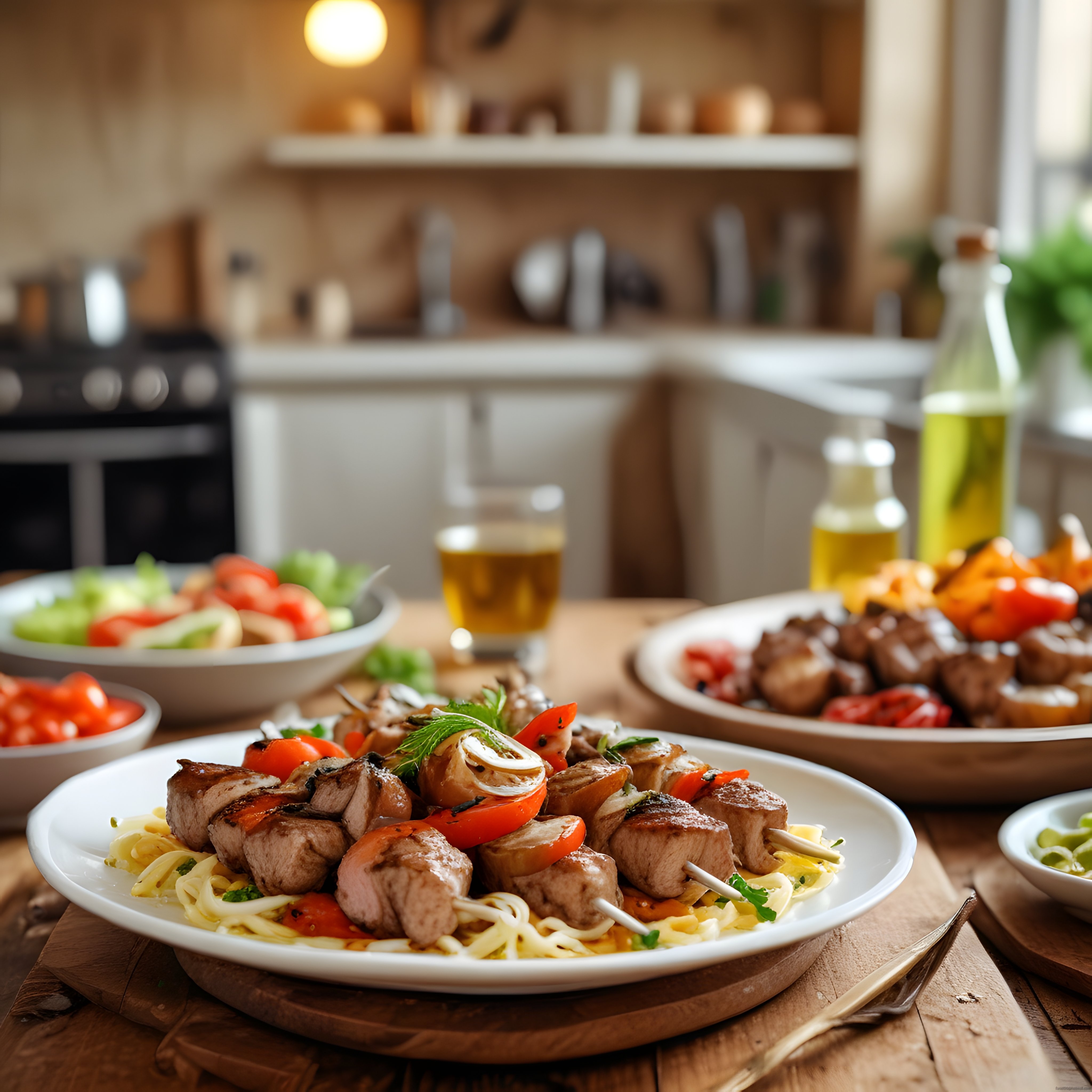 Rustik Mutfak Masasında Etli Makarna ve Şiş Kebap İle Özel Akşam Yemeği