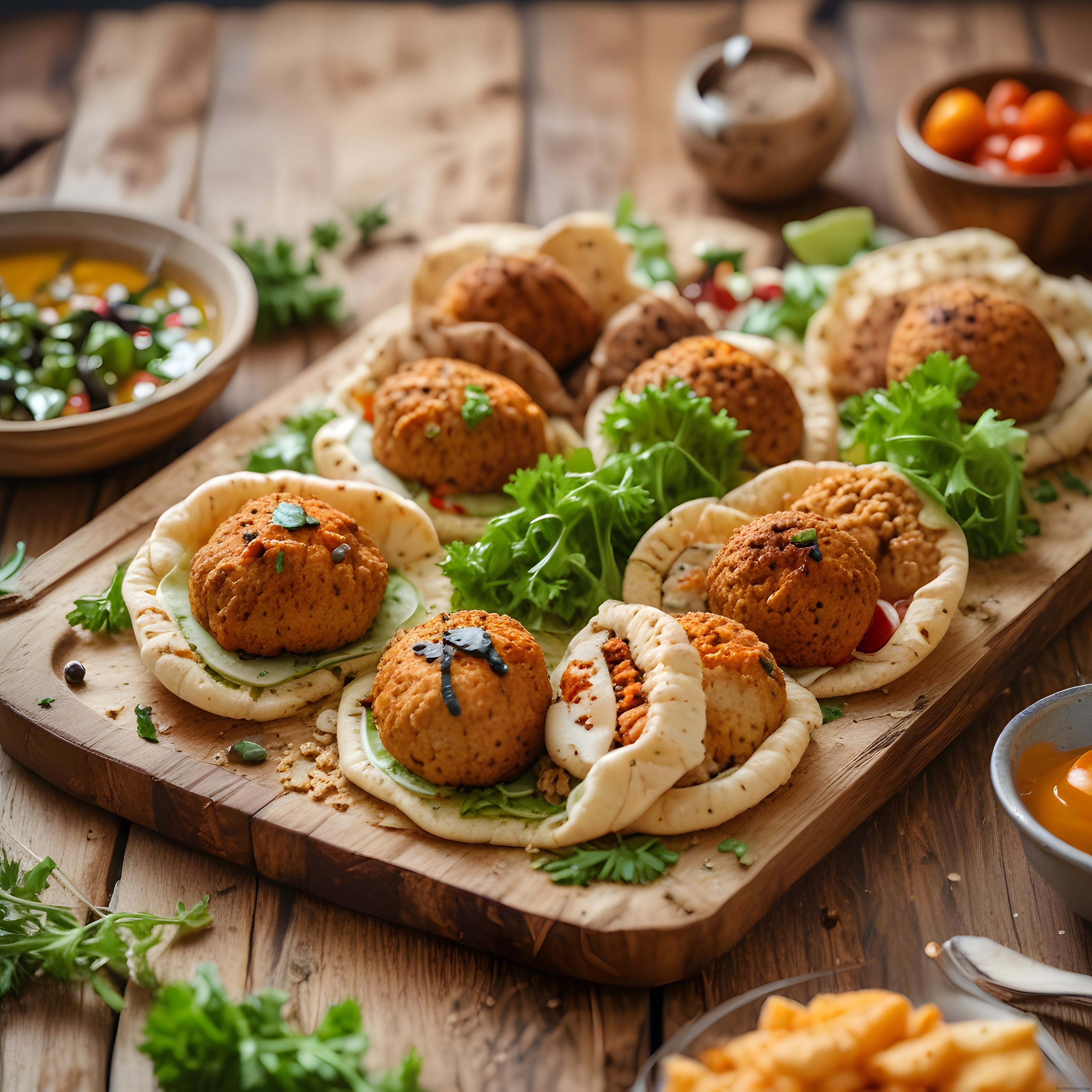 Rustik Mutfak Masasında Falafel Köfteli Mini Pide Ekmekler ve Yeşillikler