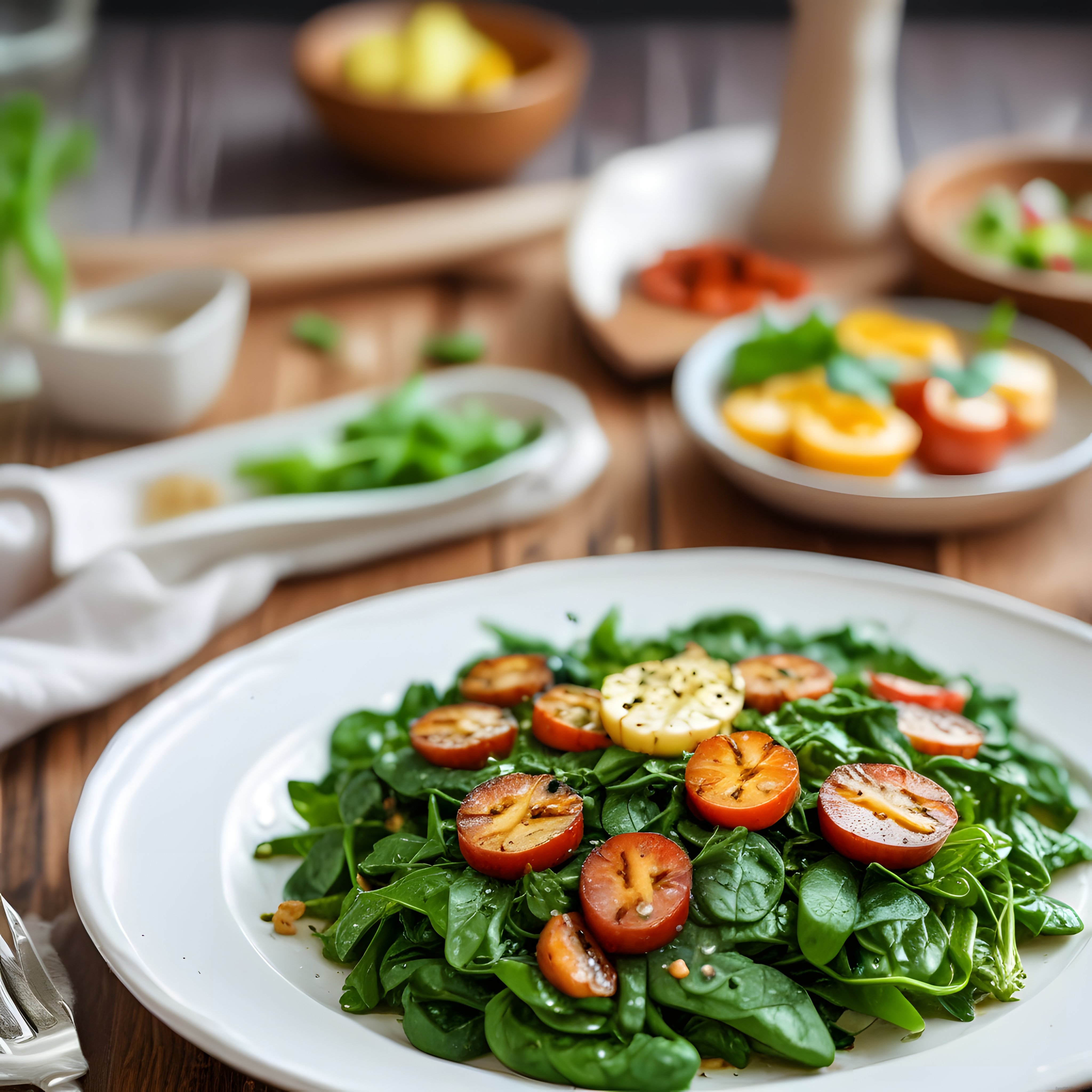 Rustik Mutfak Masasında Ispanaklı Domates Mozzarella Salatası Sunumu