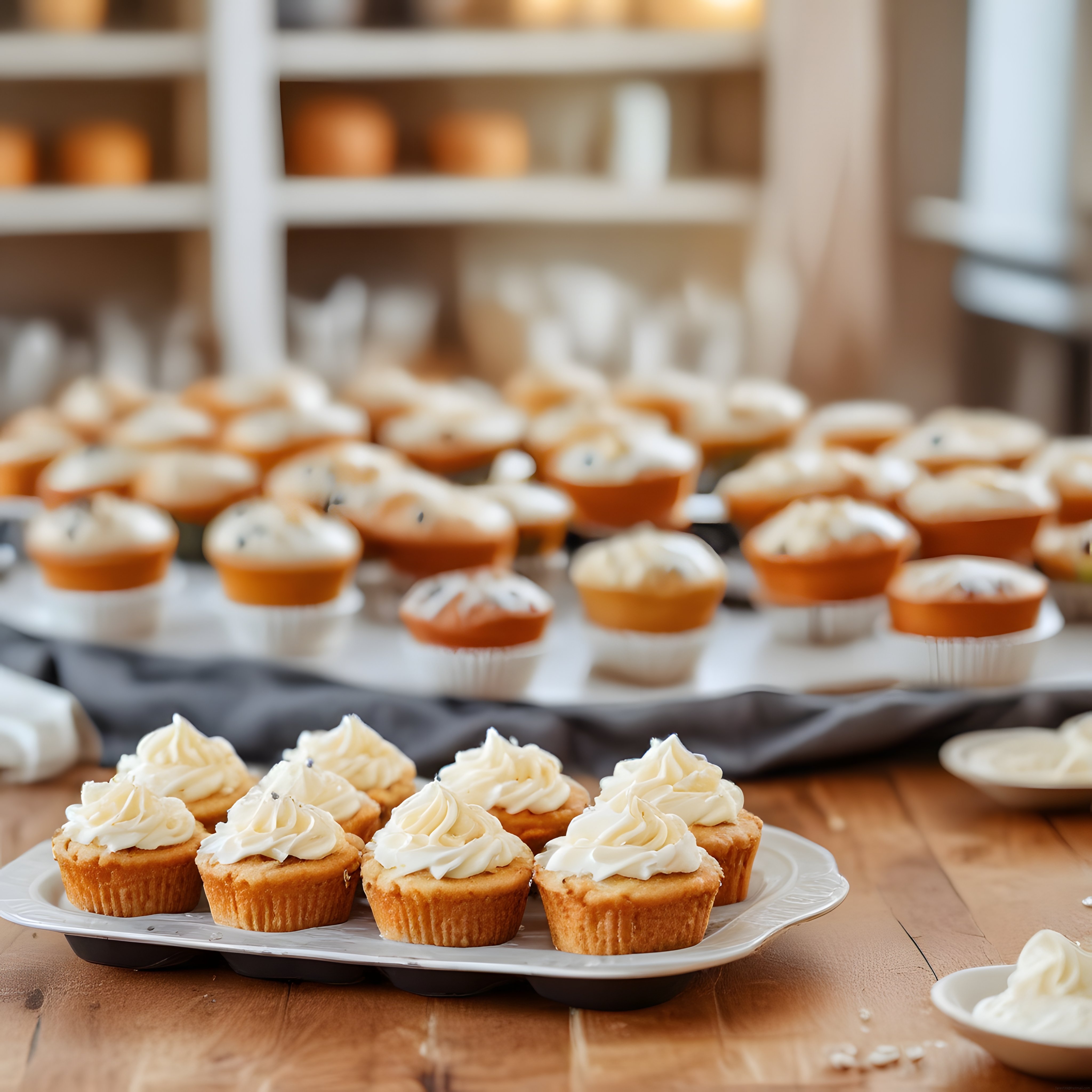 Rustik Mutfak Masasında Kremalı Kapkek ve Ev Yapımı Muffin Tatlı Tablosu