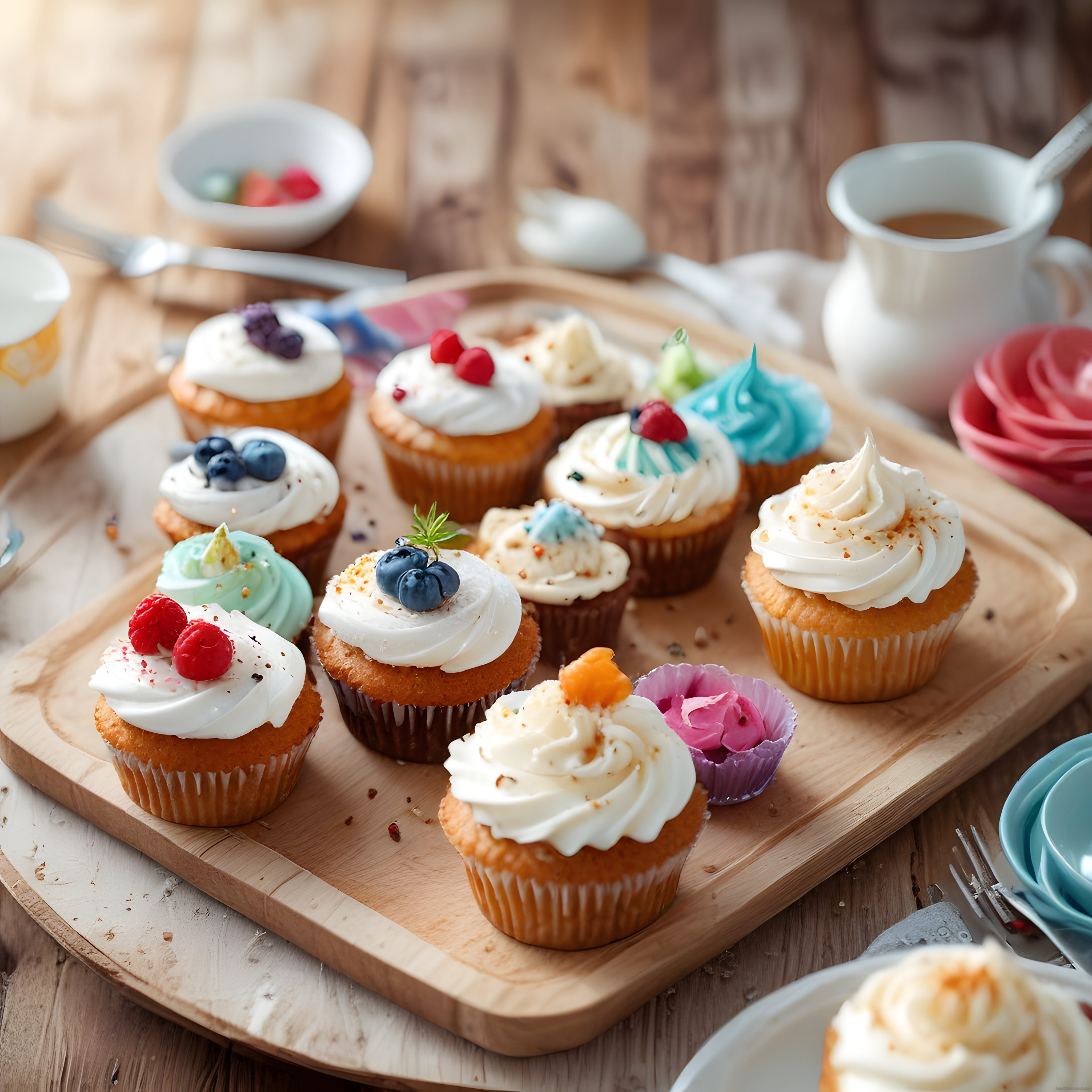 Rustik Mutfak Masasında Renkli Cupcake'ler ve Taze Meyveli Tatlı Sunumu