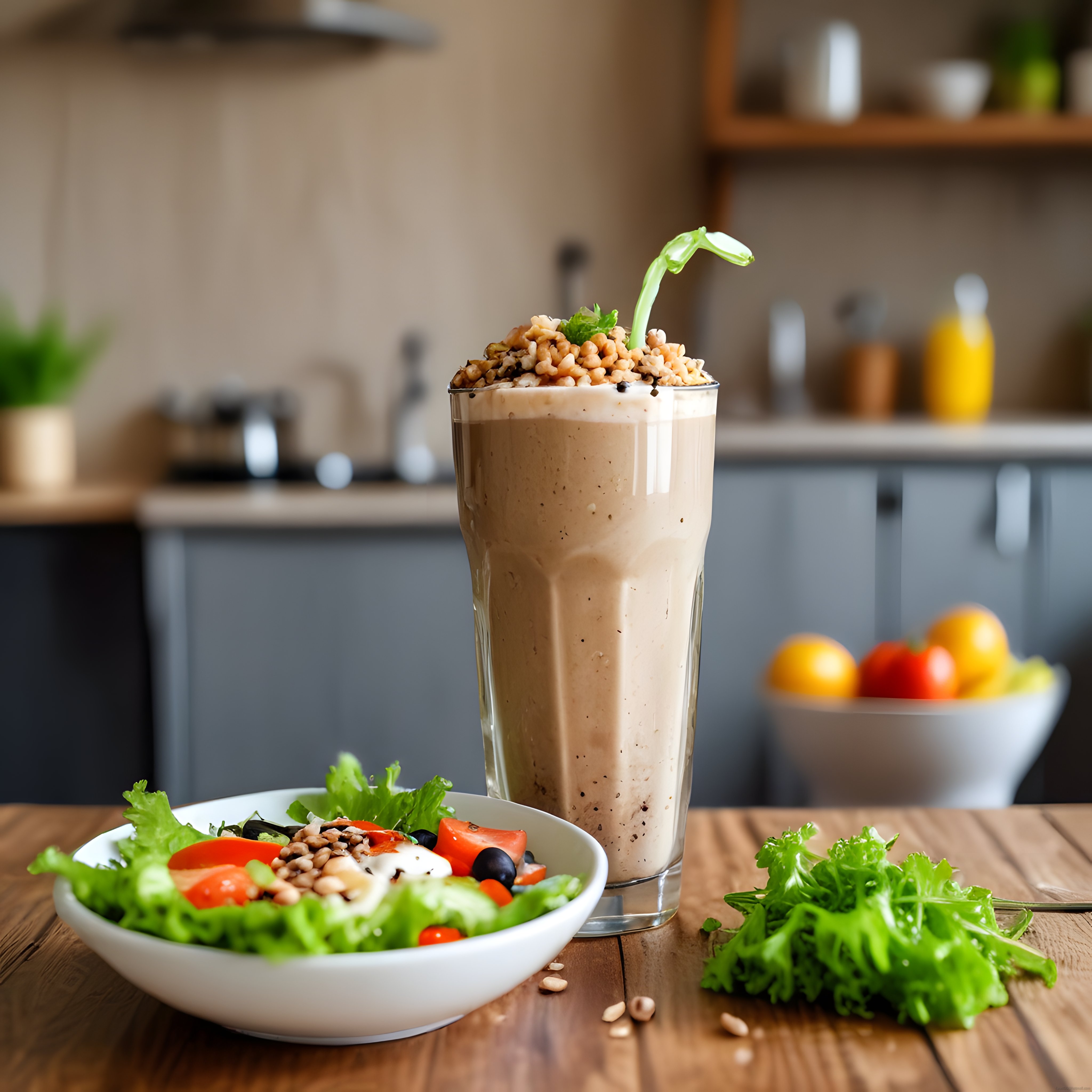 Rustik Mutfak Masasında Yulaf Taneli Protein Smoothie ve Taze Yeşil Salata