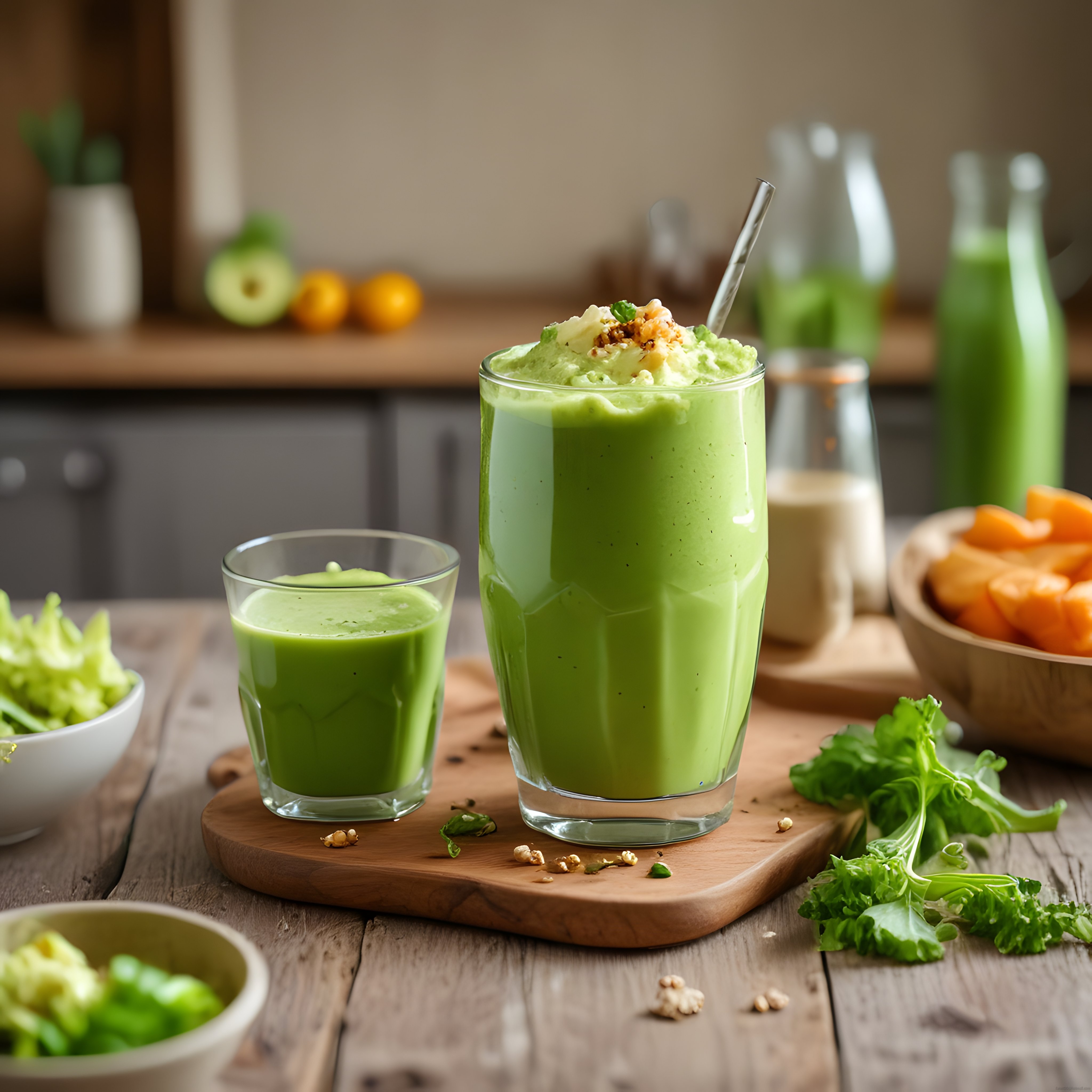 Rustik Mutfak Ortamında Kremalı Yeşil Smoothie ve Detoks İçecek Sunumu
