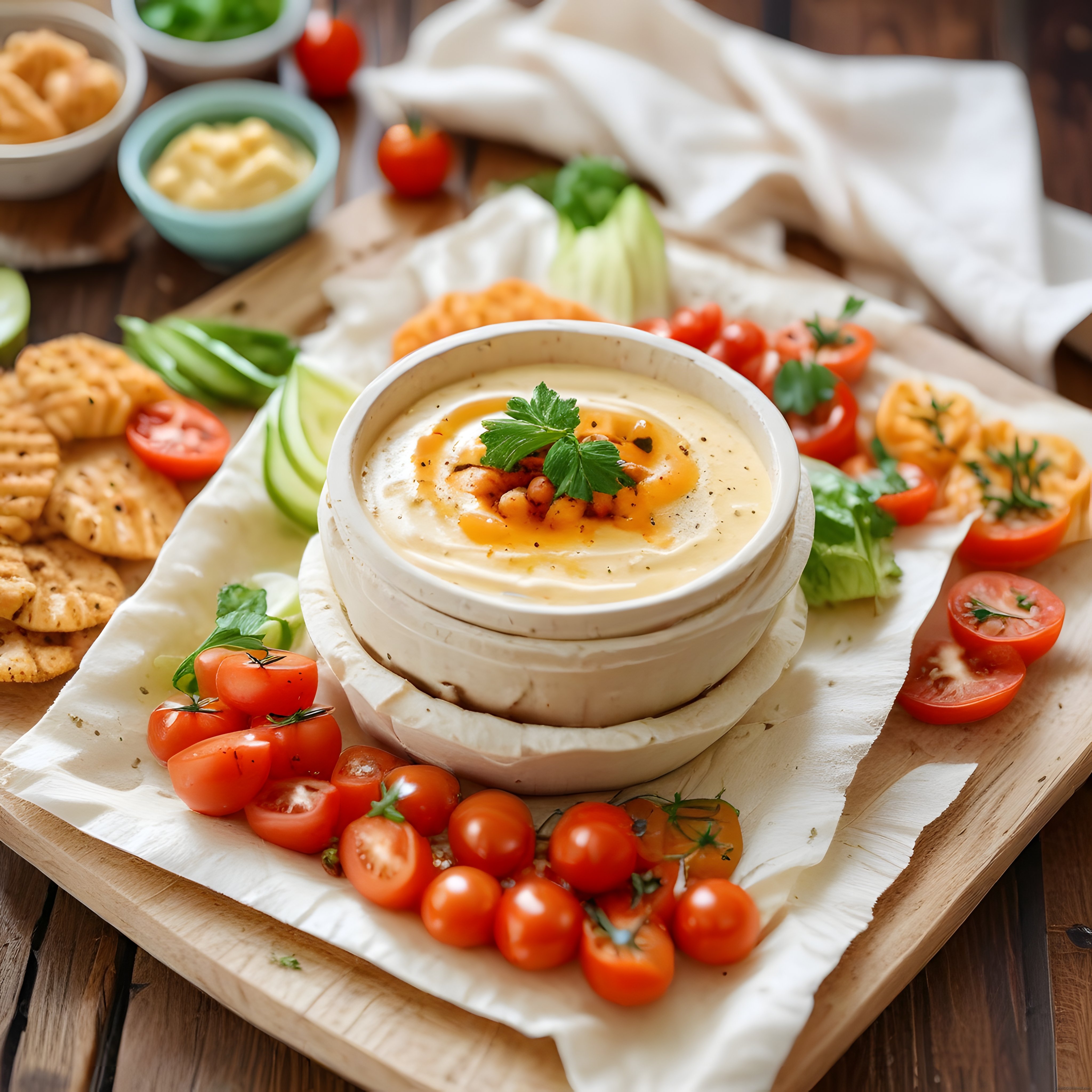 Rustik Mutfak Stili: Hummus Kasesi, Domates ve Salatalık ile Kahvaltı