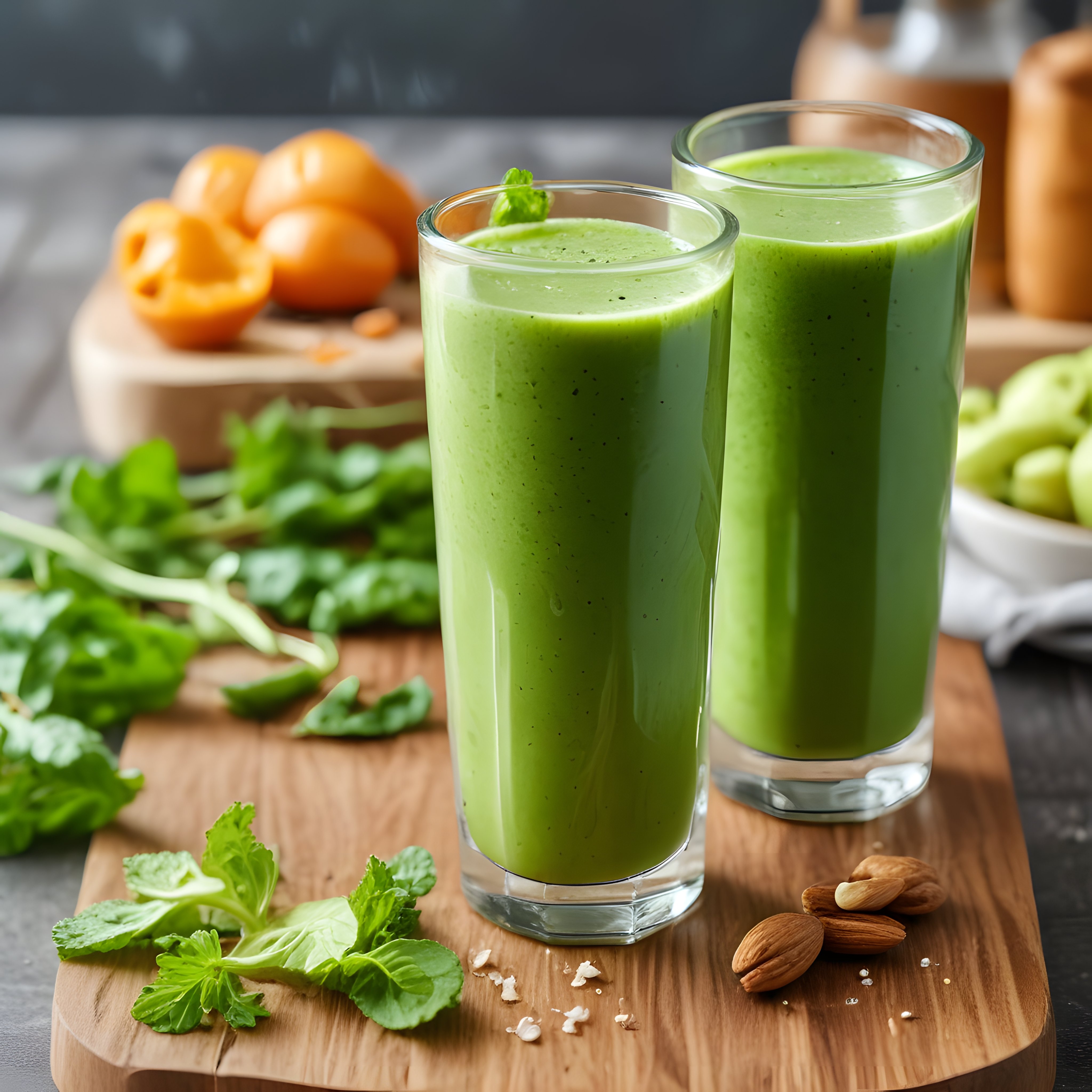 Rustik mutfakta ahşap sunum tahtası üzerinde taze yeşil smoothie bardakları