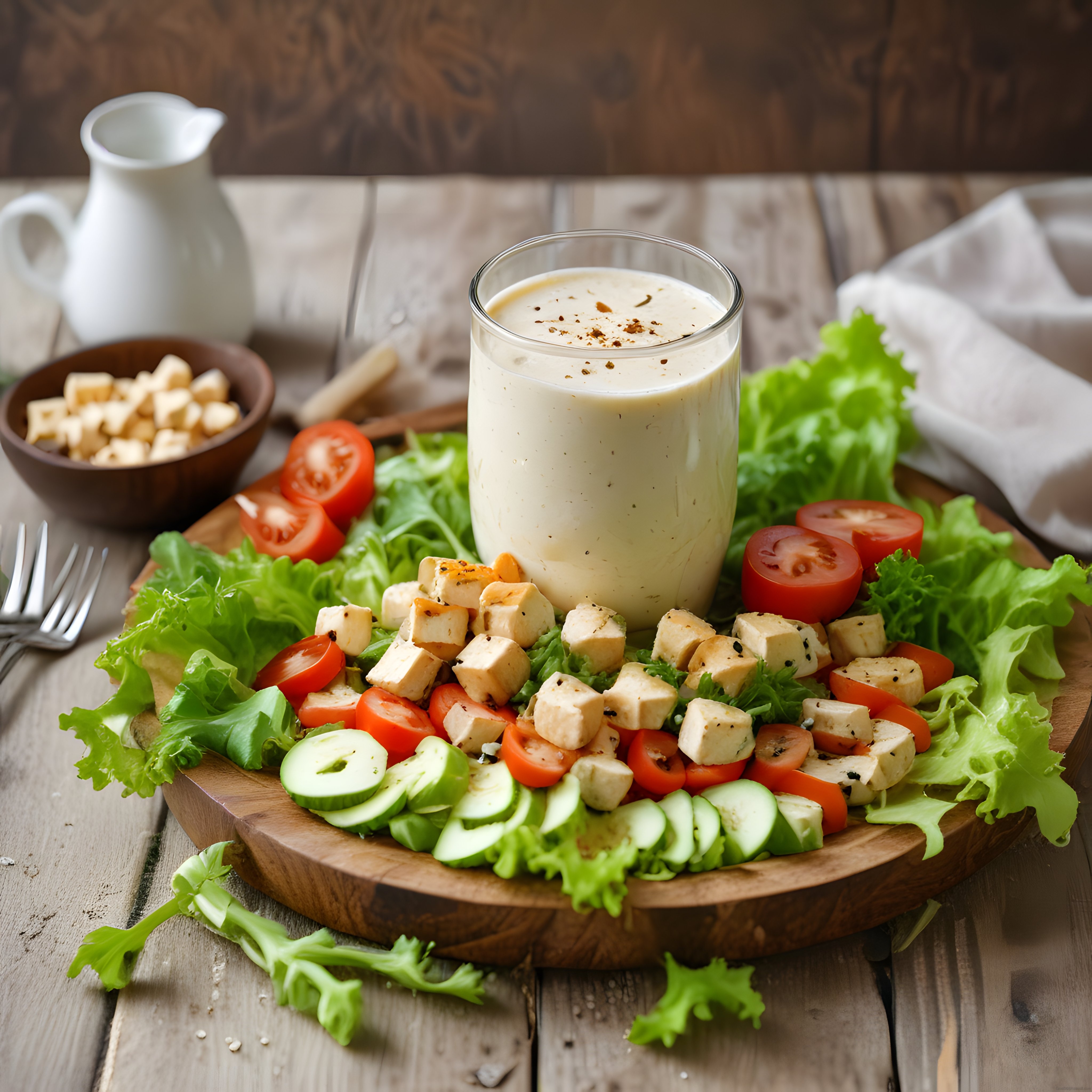 Rustik Mutfakta Ahşap Sunum Tahtasında Tavuklu Salata ve Baharatlı Kremalı Sos