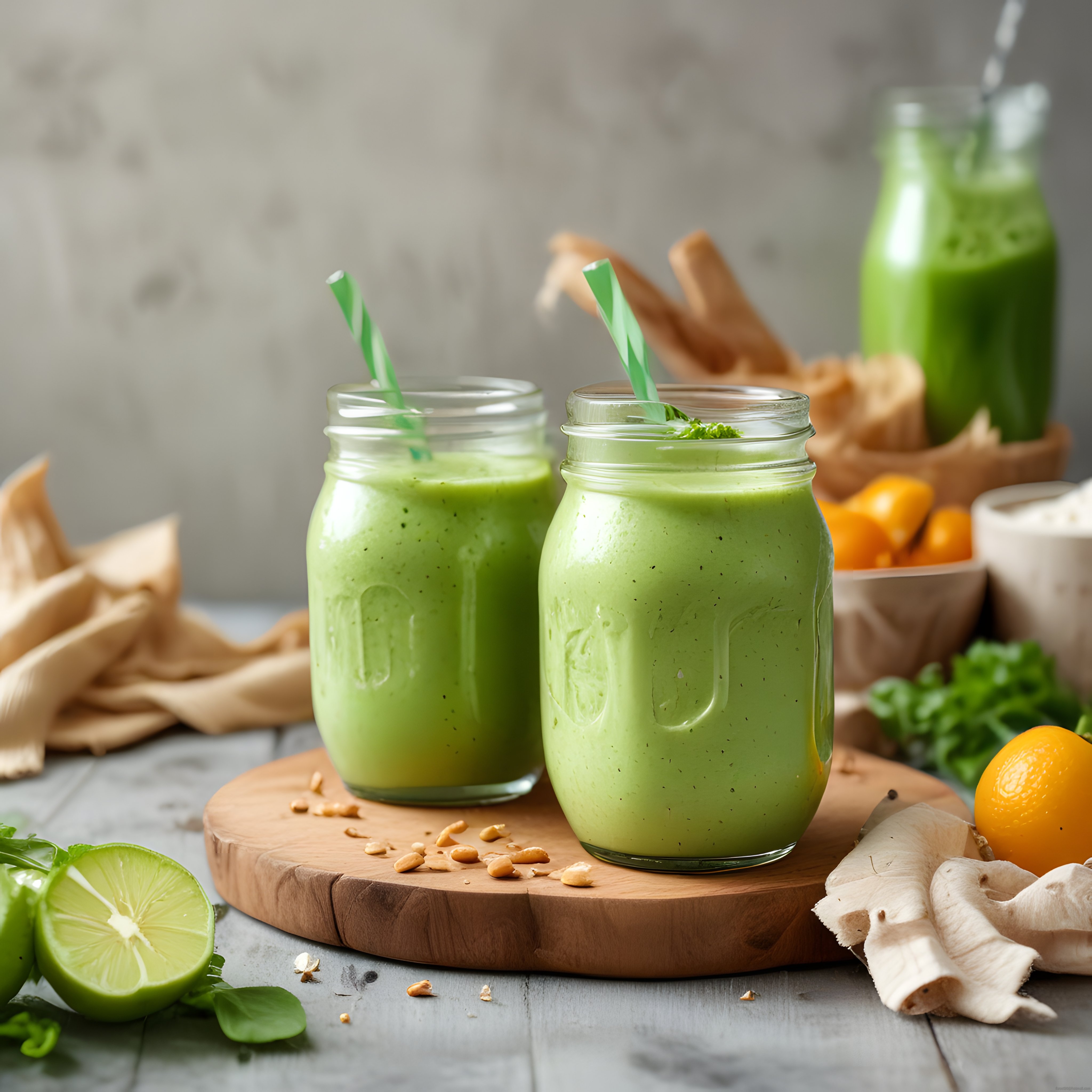 Rustik Mutfakta Ahşap Sunum Üzerinde Serinletici Yeşil Smoothie Kavanozları