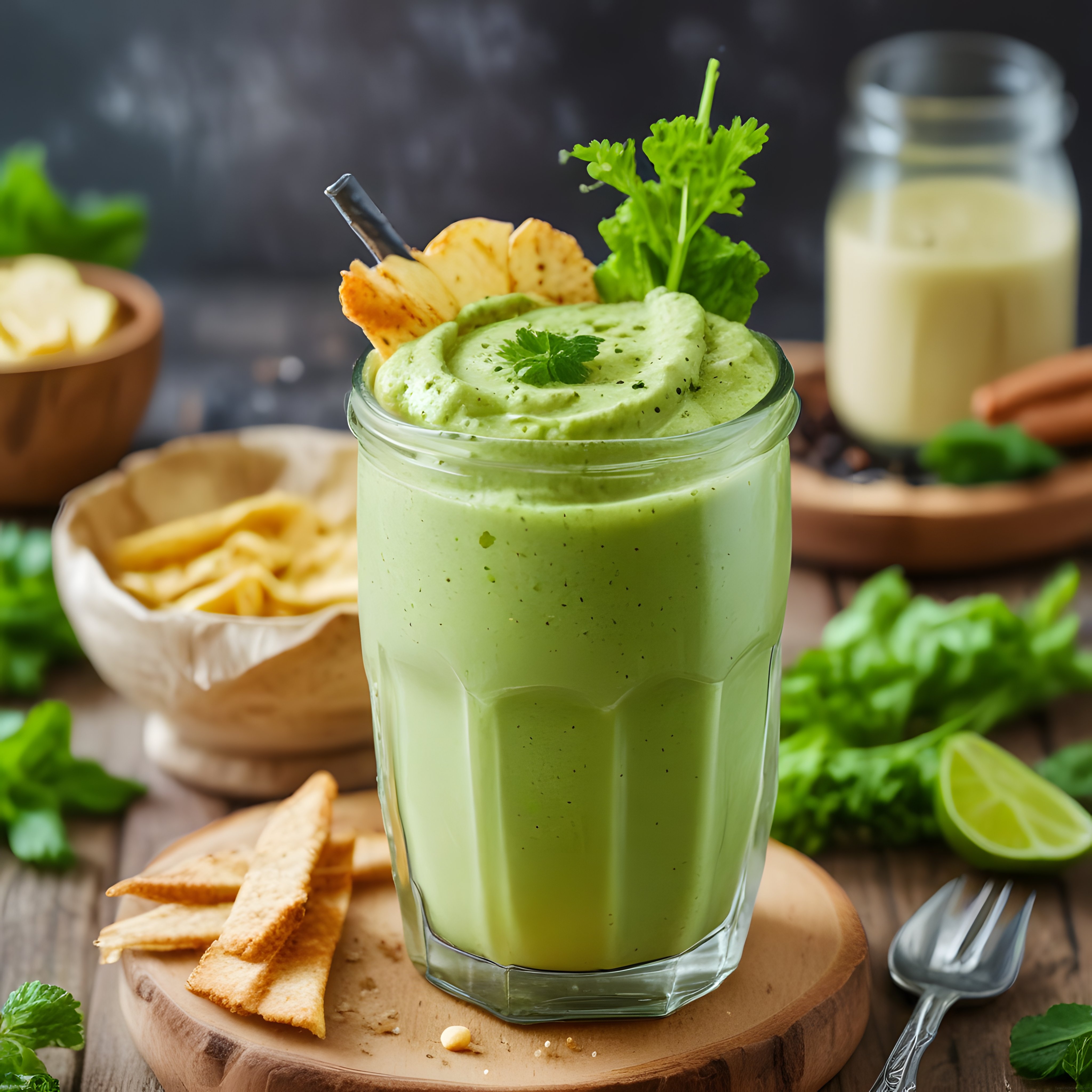 Rustik Mutfakta Cam Kavanozda Ev Yapımı Avokado Dip Sosu ve Cips