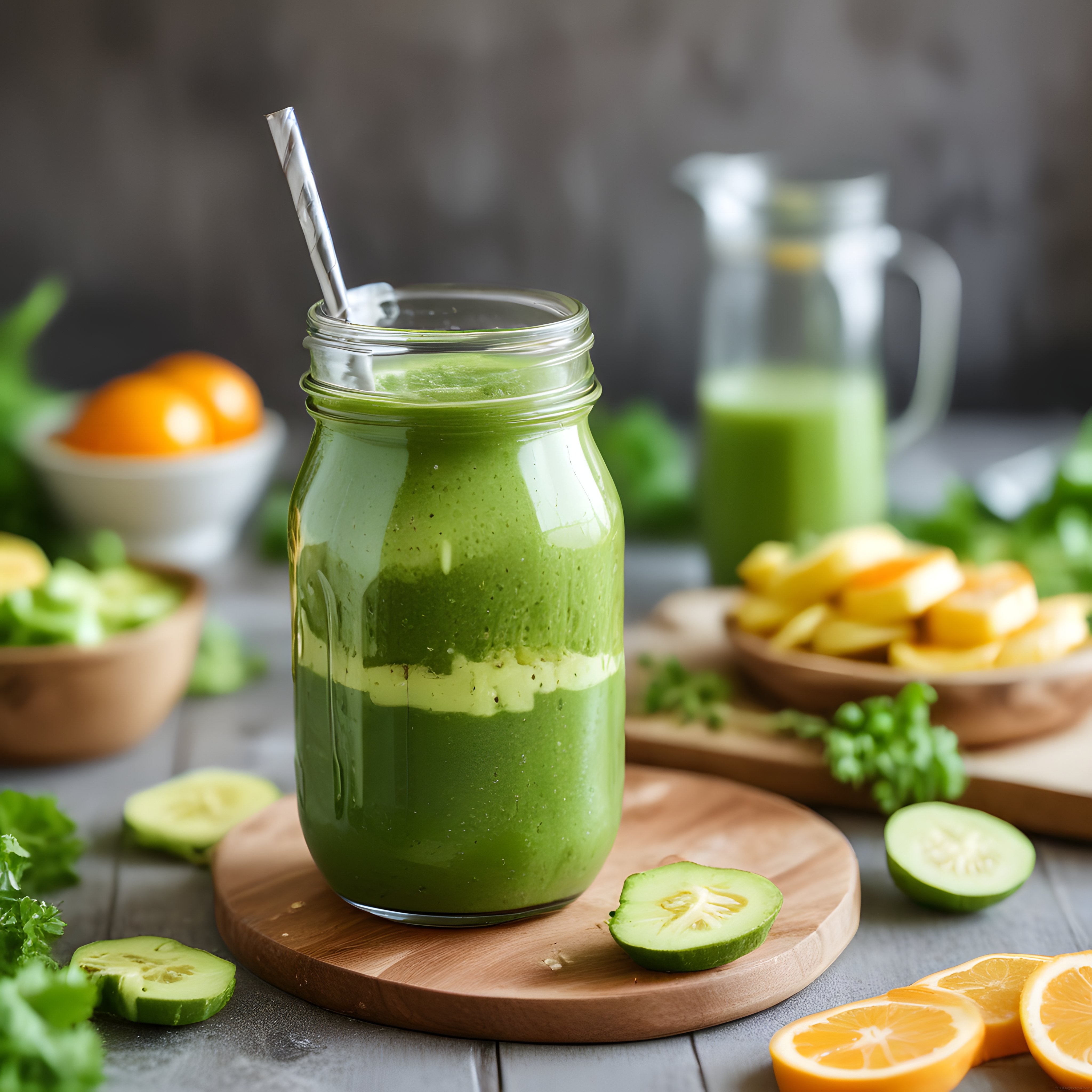Rustik Mutfakta Cam Kavanozda Taze Yeşil Smoothie ve Sağlıklı Malzemeler