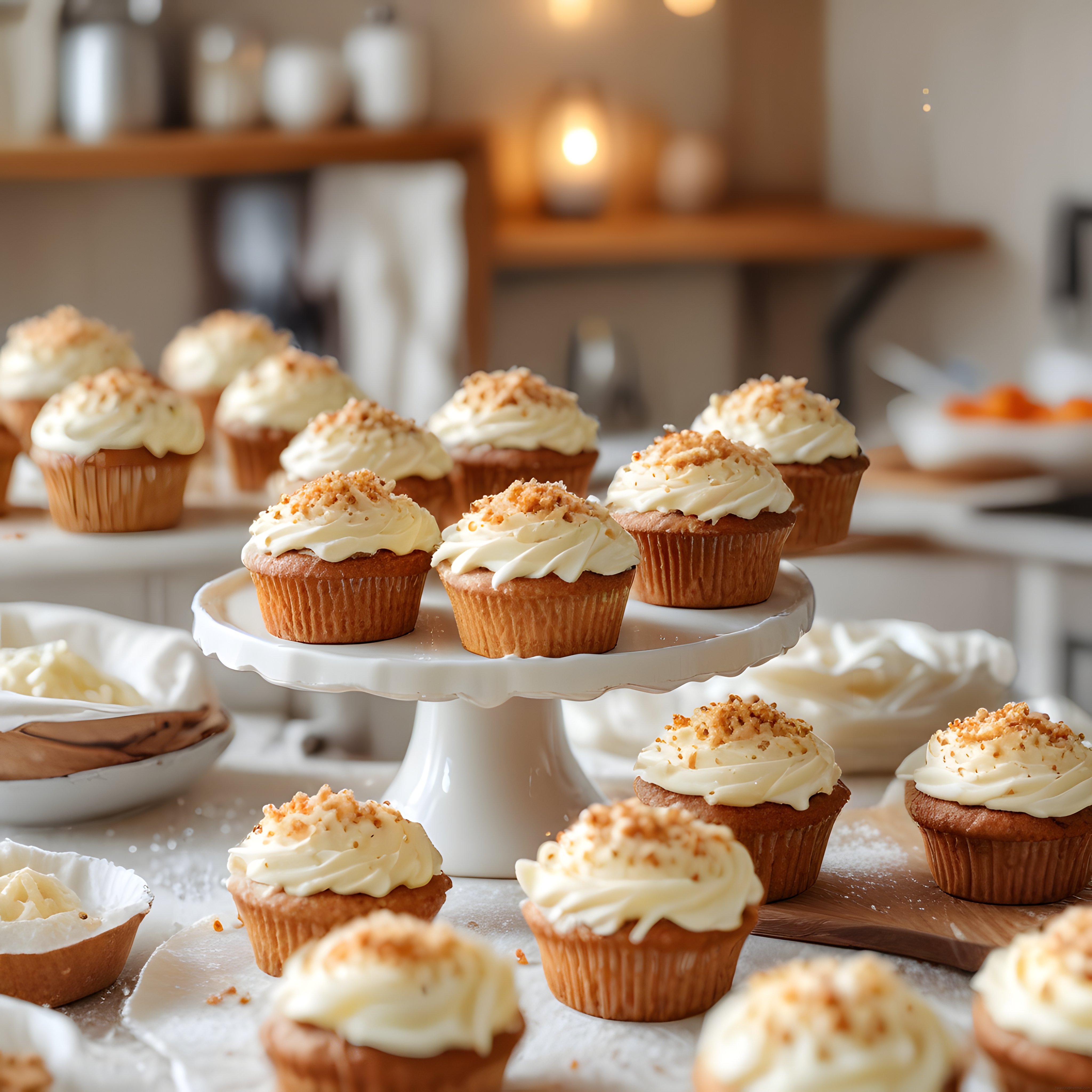 Rustik Mutfakta Ev Yapımı Fındıklı Cupcakeler ve Krema Süslemeli Tatlı Sunum