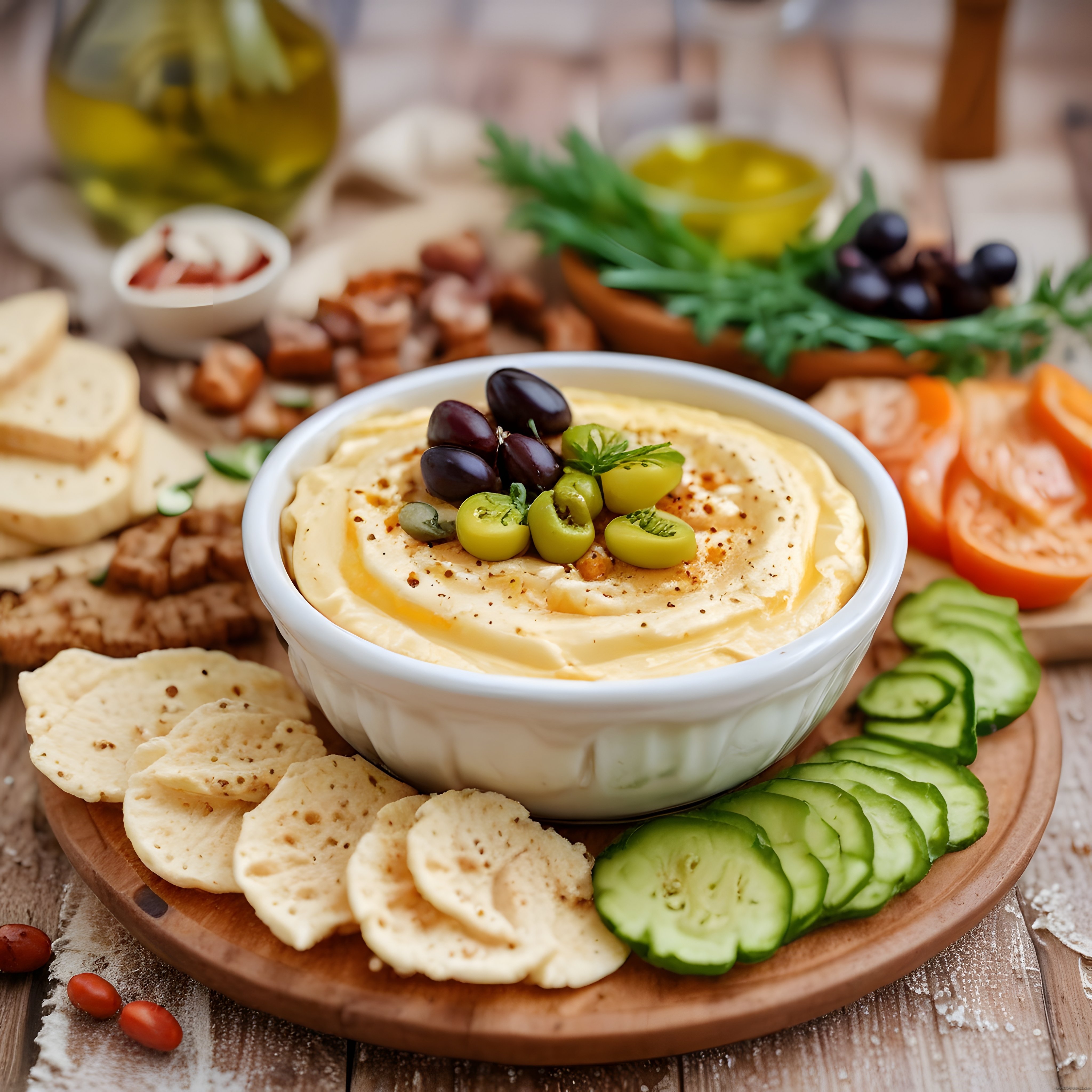 Rustik Mutfakta Humus Kasesi, Kraker ve Taze Sebzelerle Egzotik Meze Sunumu