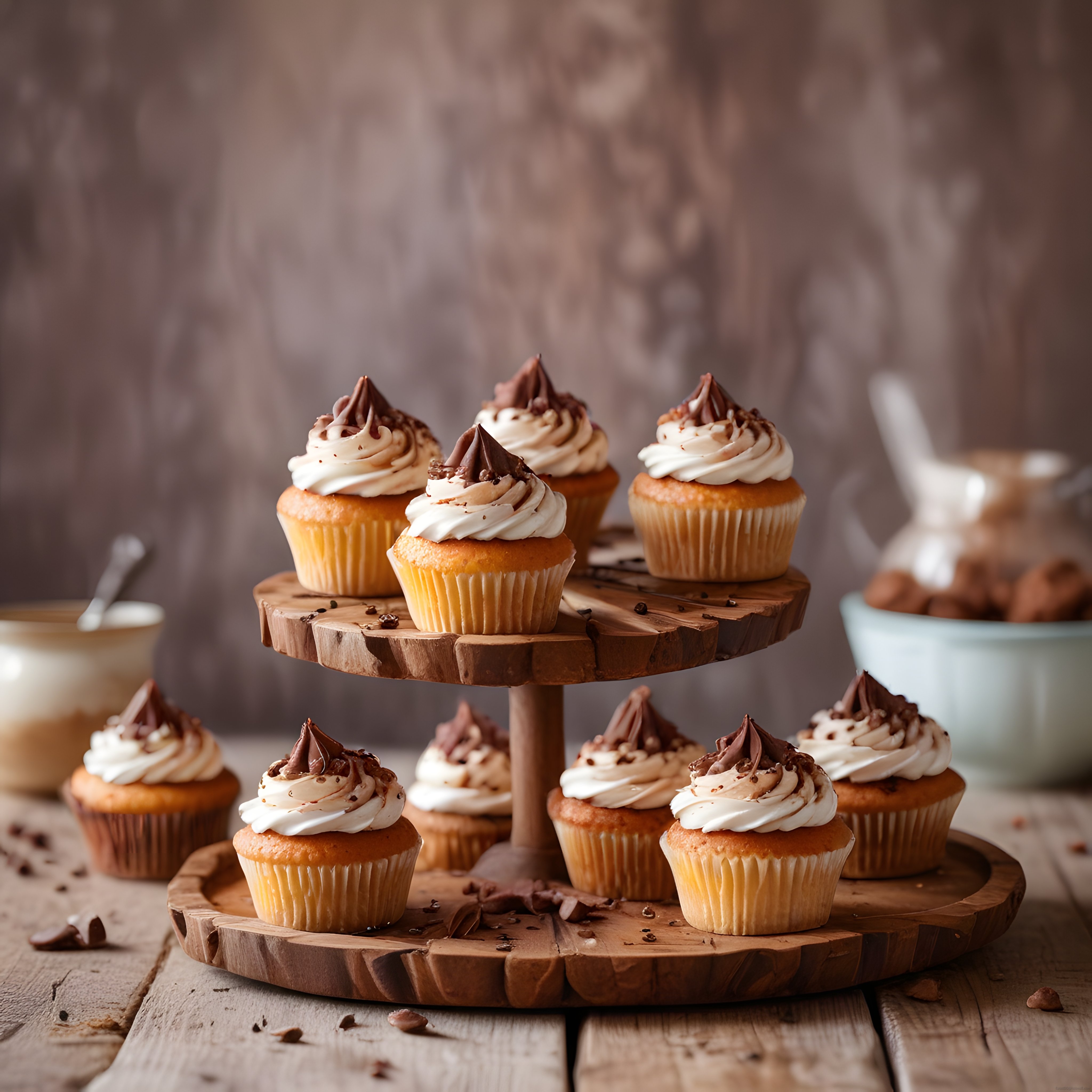 Rustik Mutfakta İki Katlı Ahşap Standda Çikolata ve Kremalı Cupcakeler