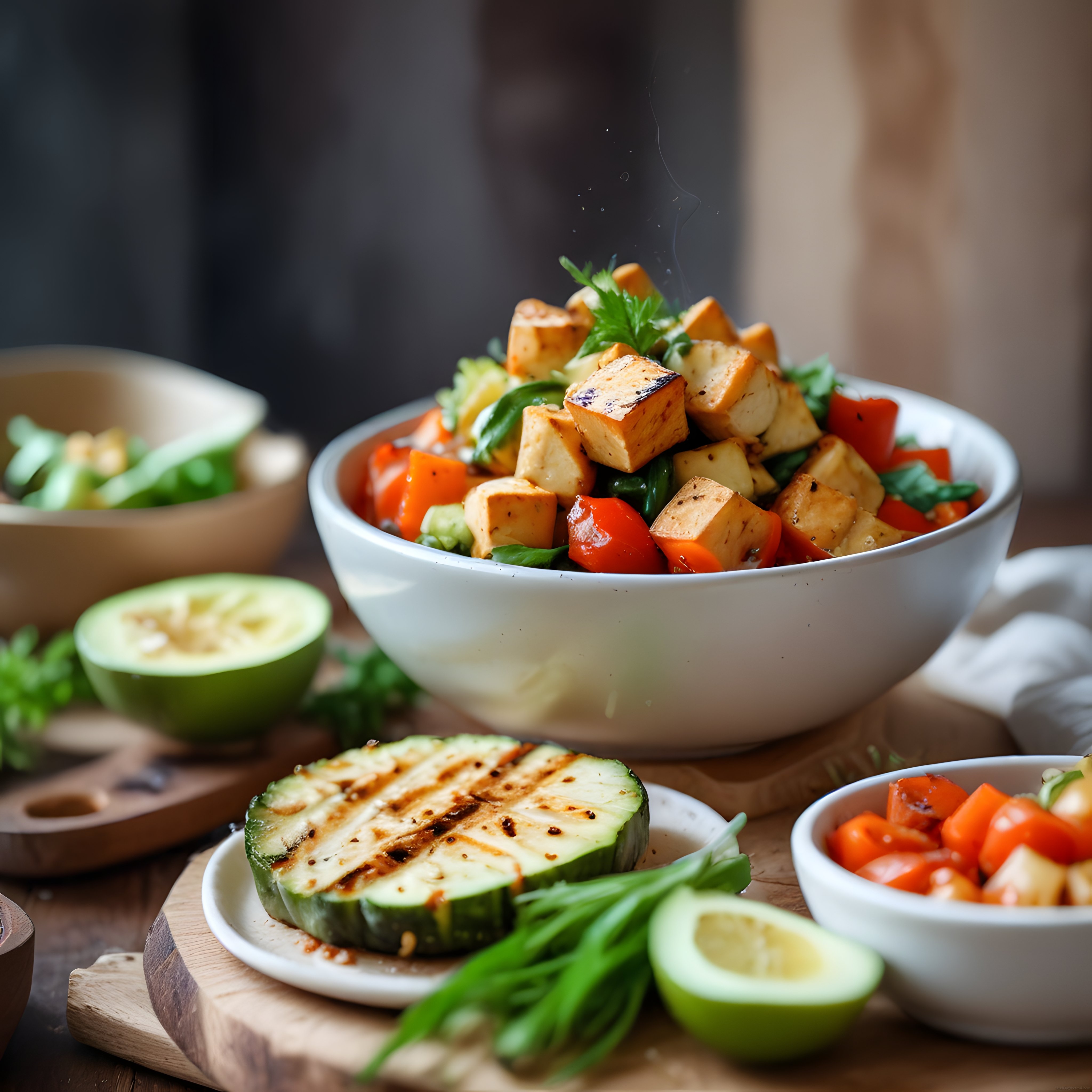 Rustik Mutfakta Izgara Avokadolu Ve Tofulu Sağlıklı Salata Sunumu