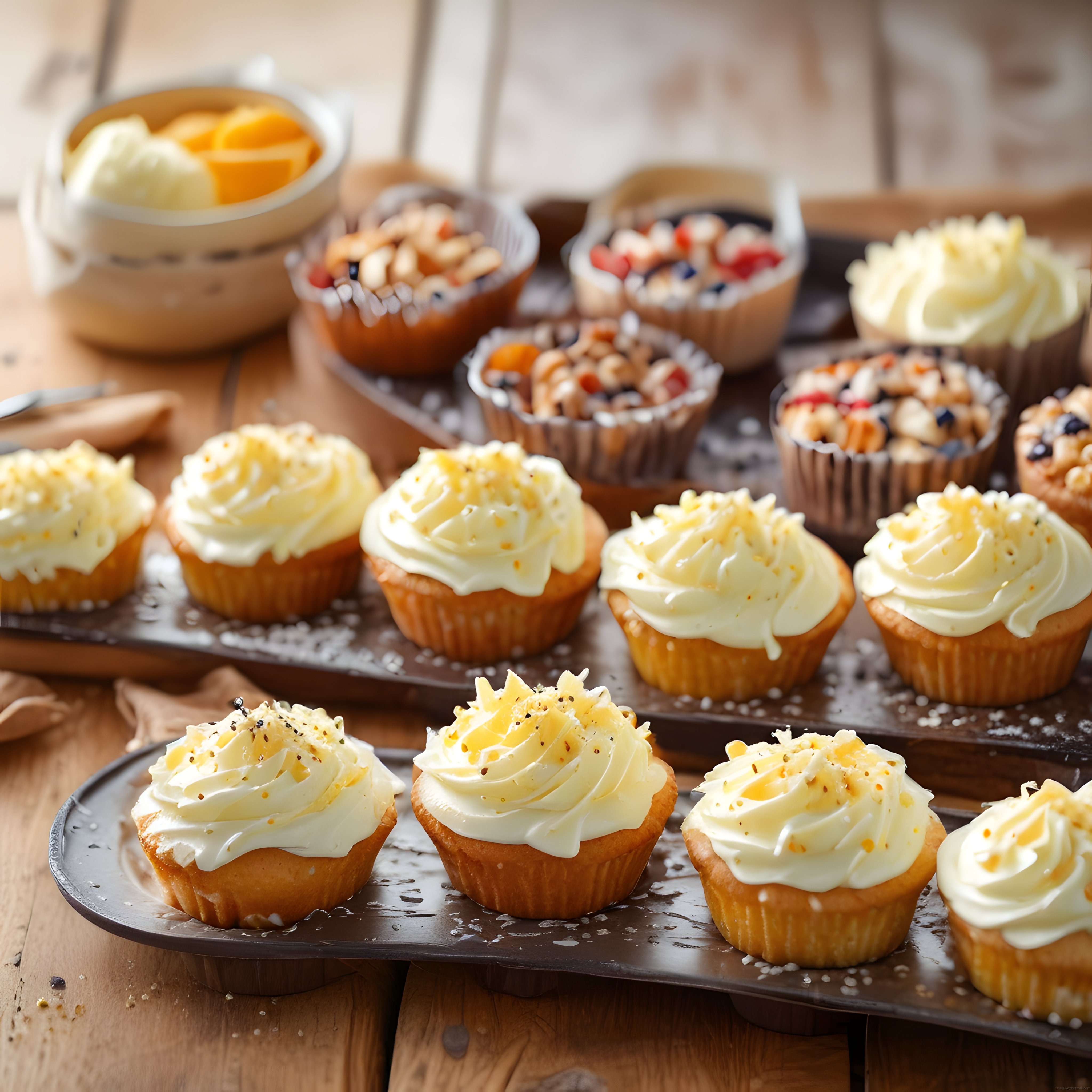 Rustik mutfakta kremalı ev yapımı cupcake ve muffin sunum çeşitleri