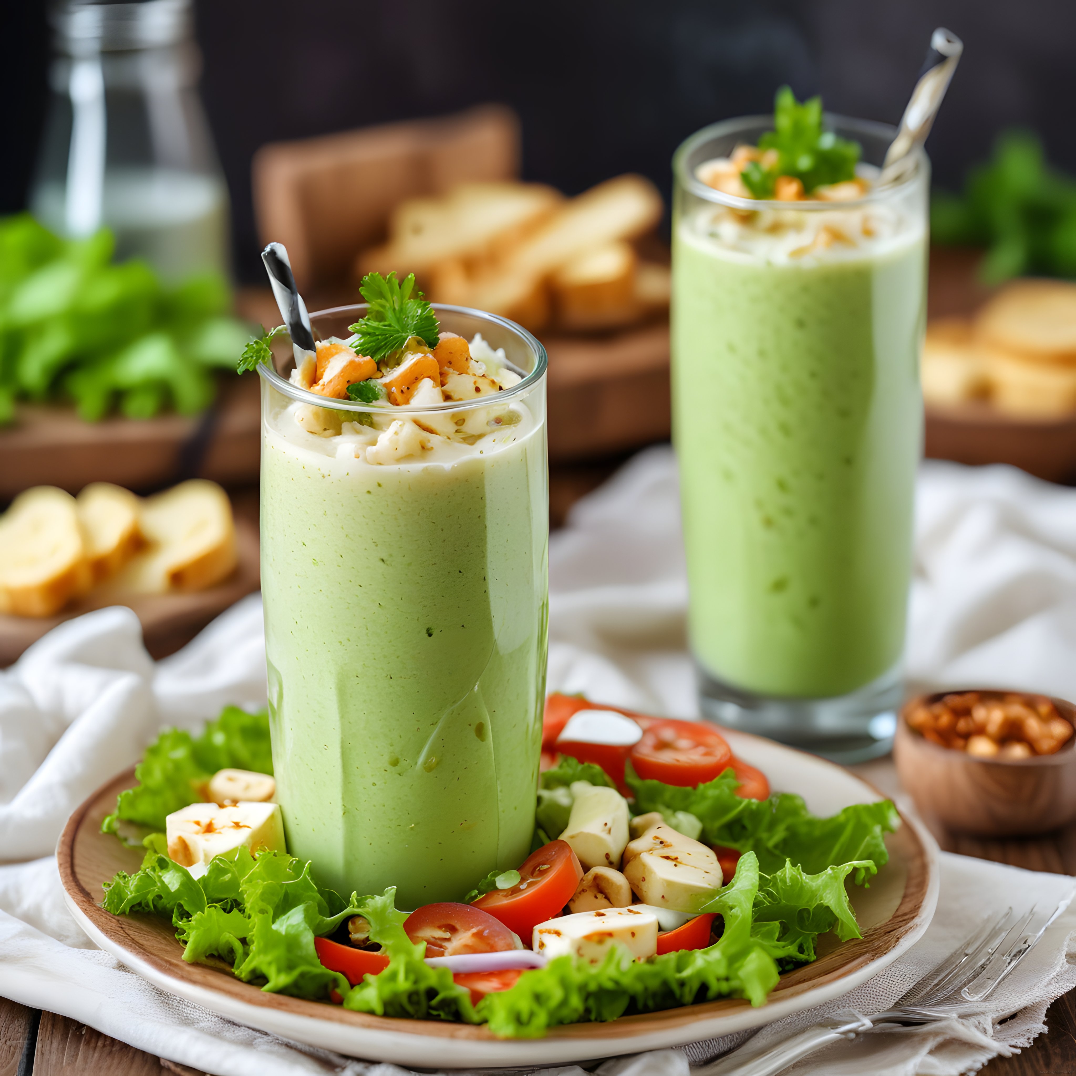 Rustik Mutfakta Kreması Yoğun Yeşil Soğuk Çorba ve Taze Salata Sunumu