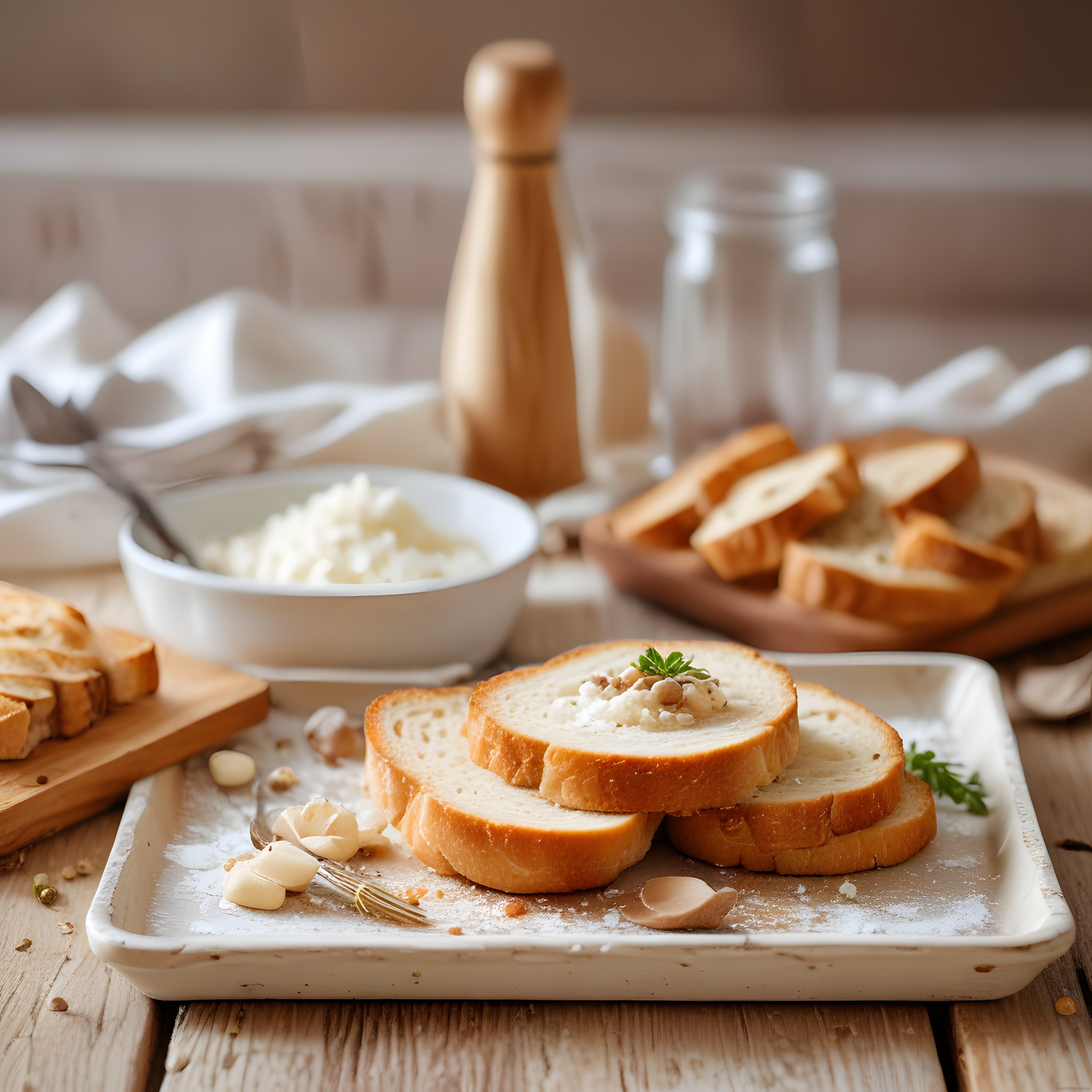 rustik mutfakta lor peynirli ekmek dilimleri ve sarımsaklı kahvaltı sunumu