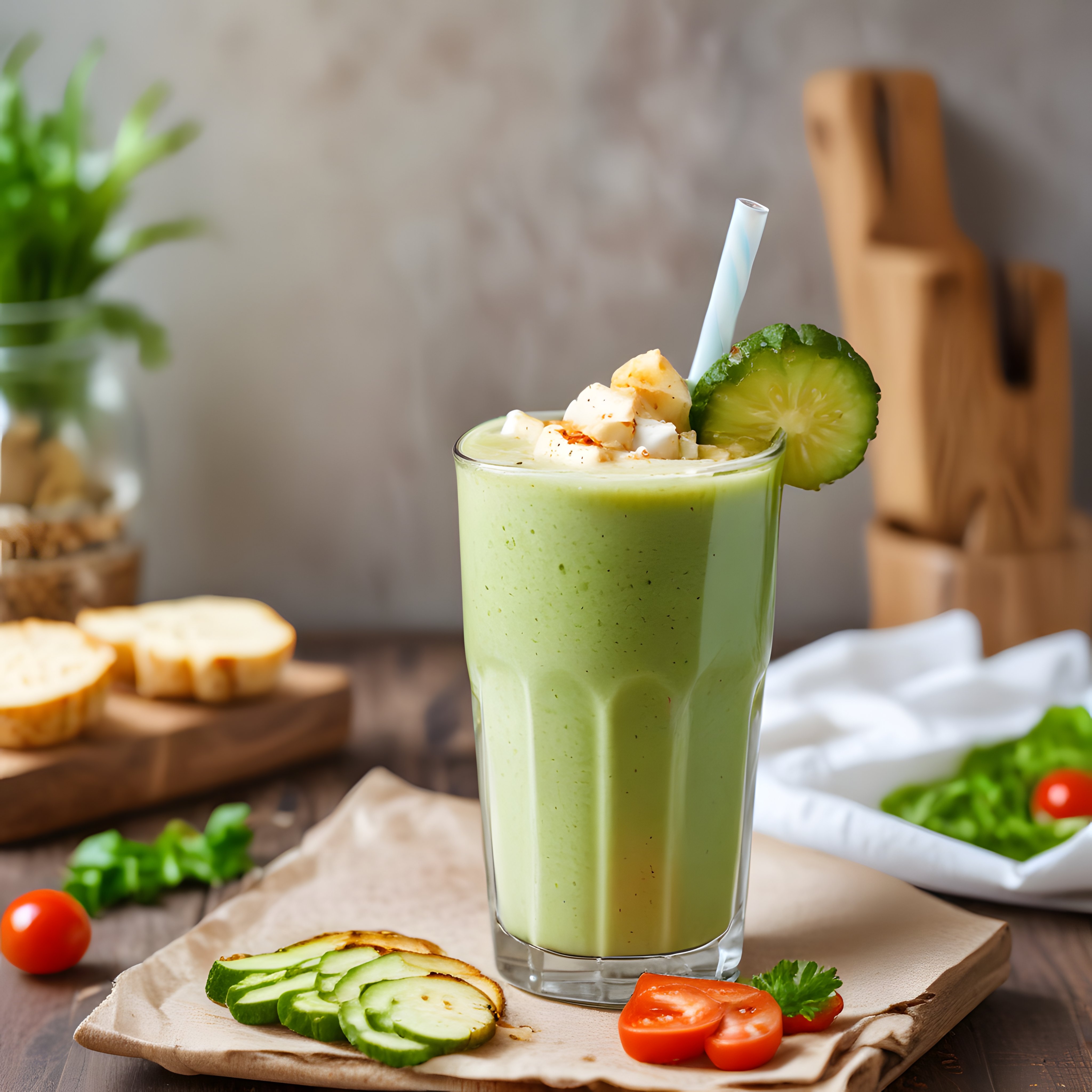 Rustik Mutfakta Salatalık Peynir Süslemeli Ev Yapımı Yeşil Smoothie