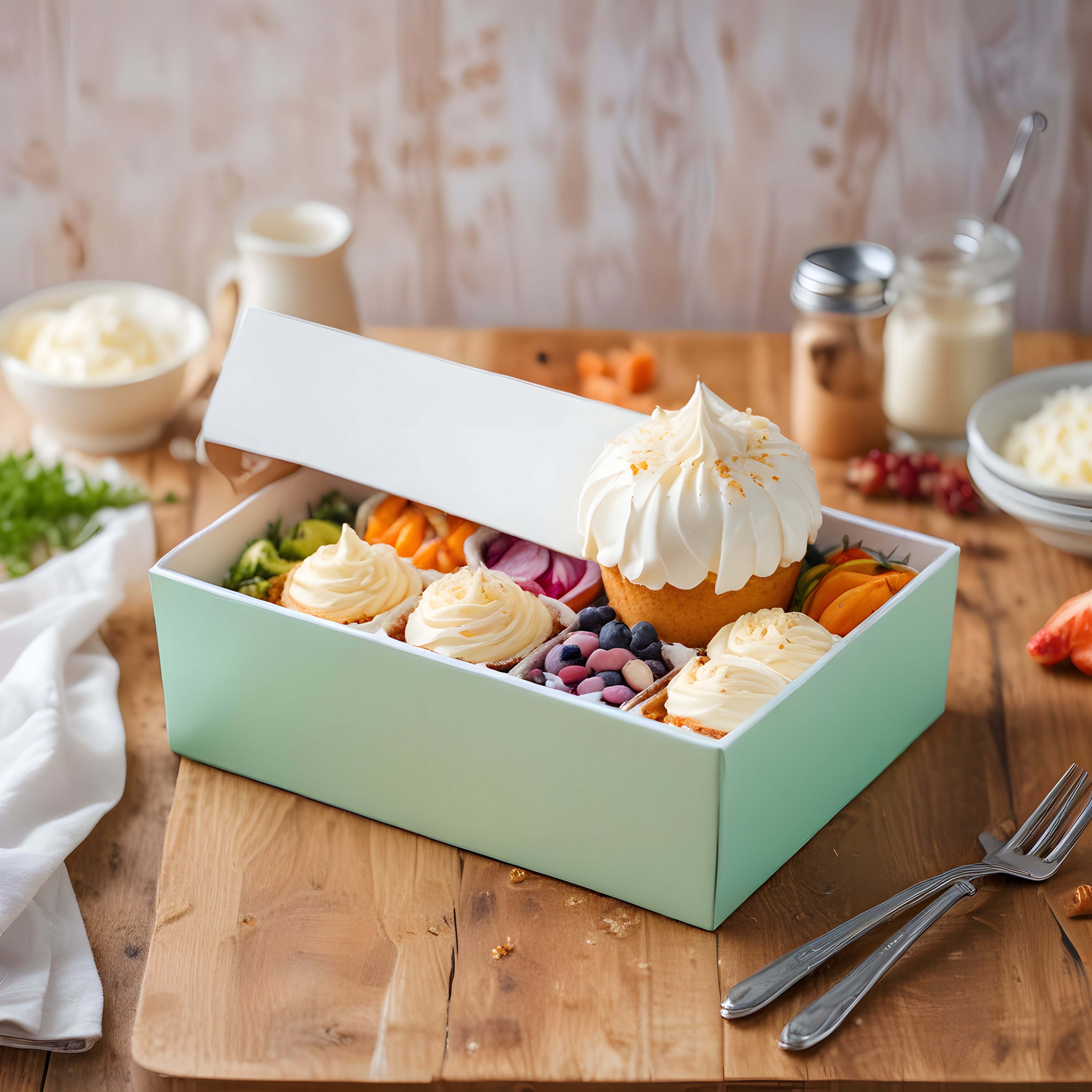 Rustik Mutfakta Sebze ve Cupcake Sunumlu Yaratıcı Tatlı Kutusu