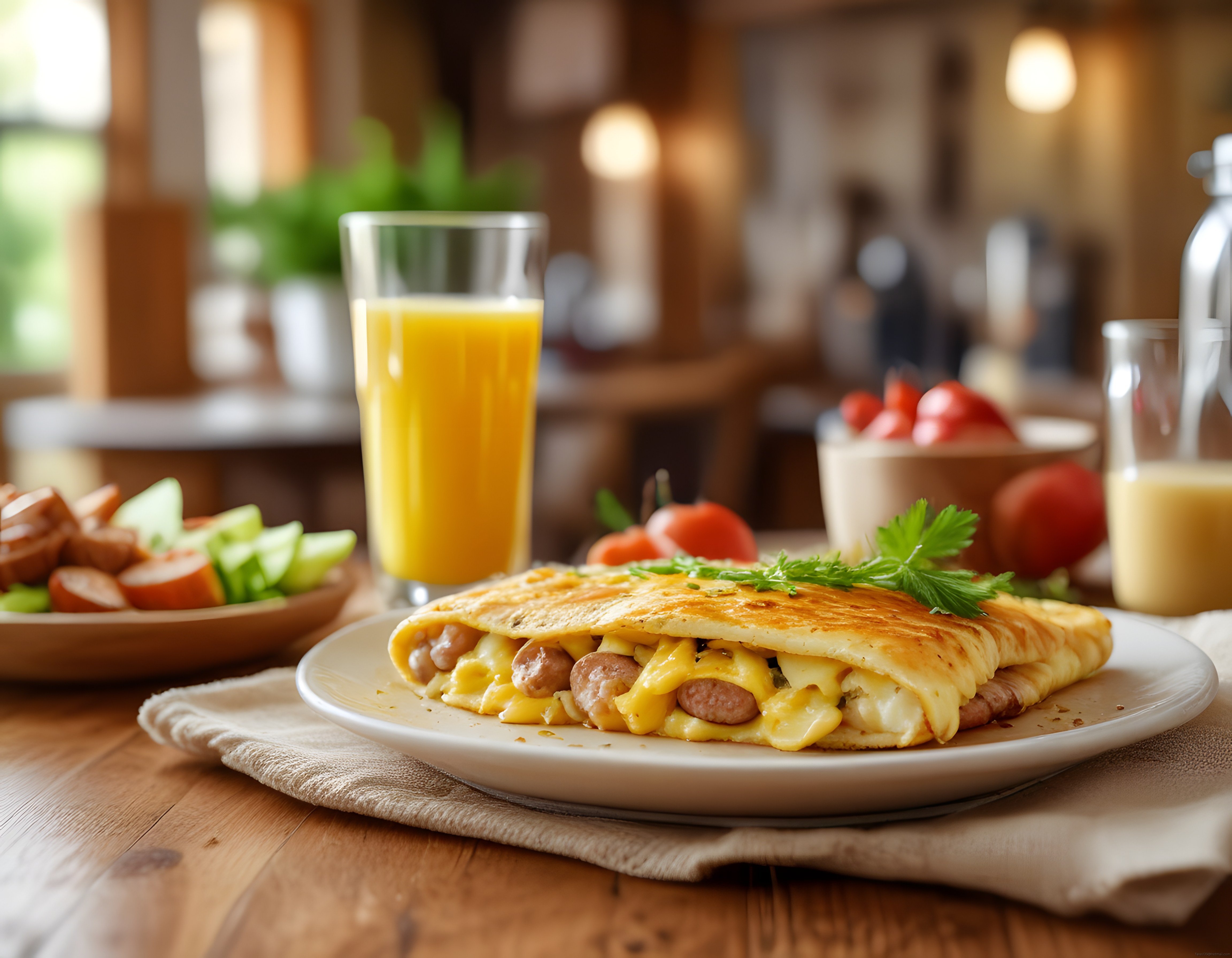 Rustik Mutfakta Sosisli Omlet ve Portakal Sulu Kahvaltı Masası