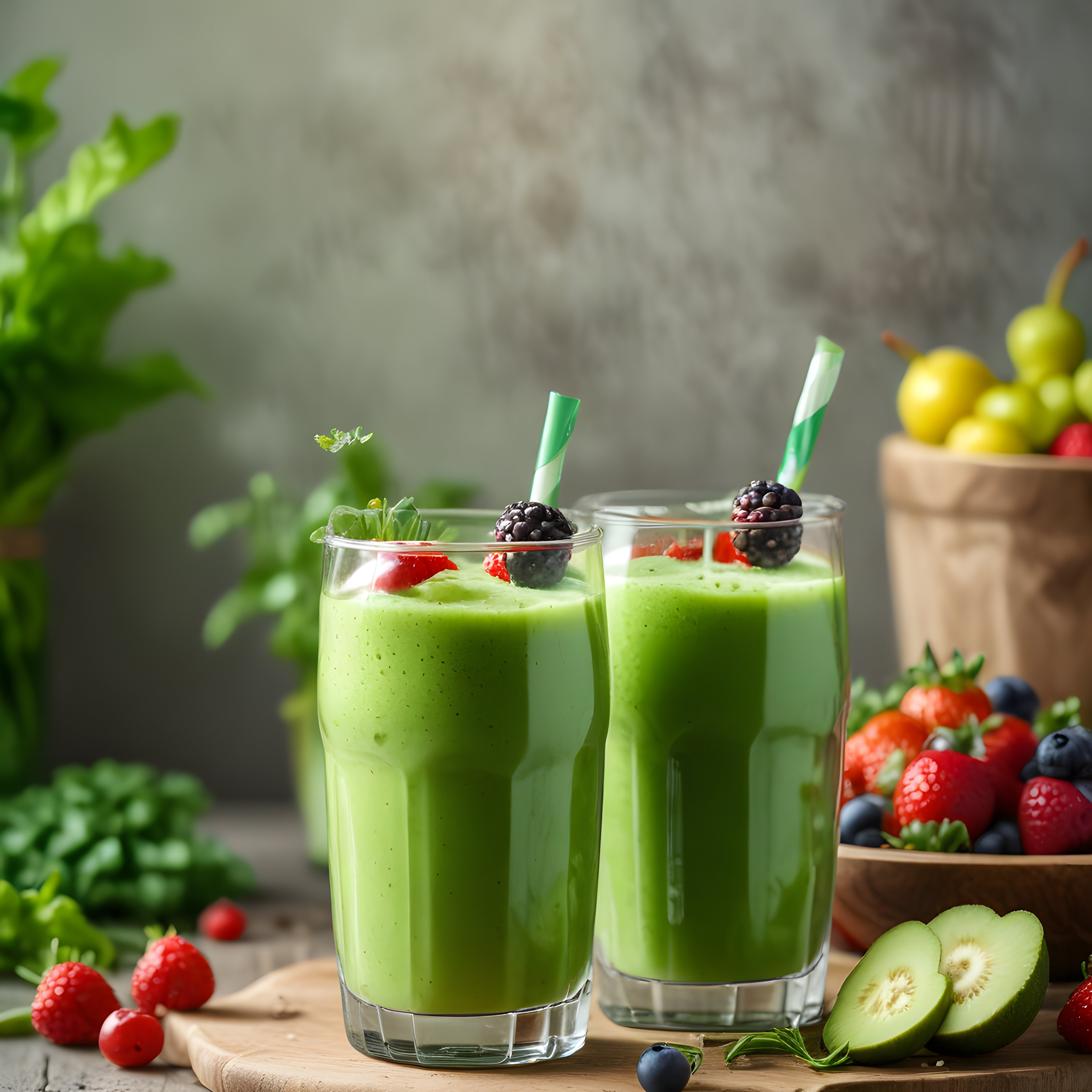 Rustik Mutfakta Taze Meyveli Detoks Yeşil Smoothie Bardakları