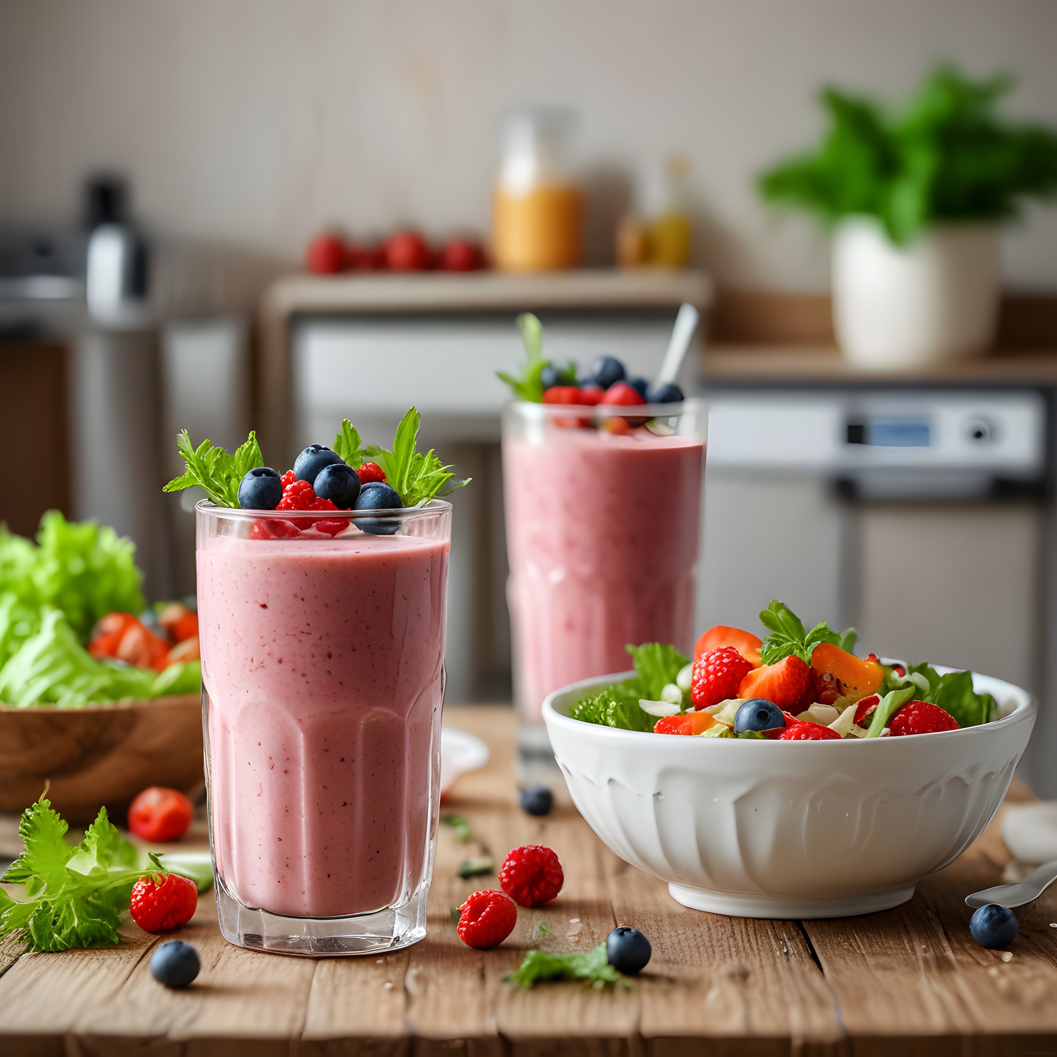 Rustik Mutfakta Taze Orman Meyveli Sağlıklı Smoothie ve Renkli Meyve Salatası