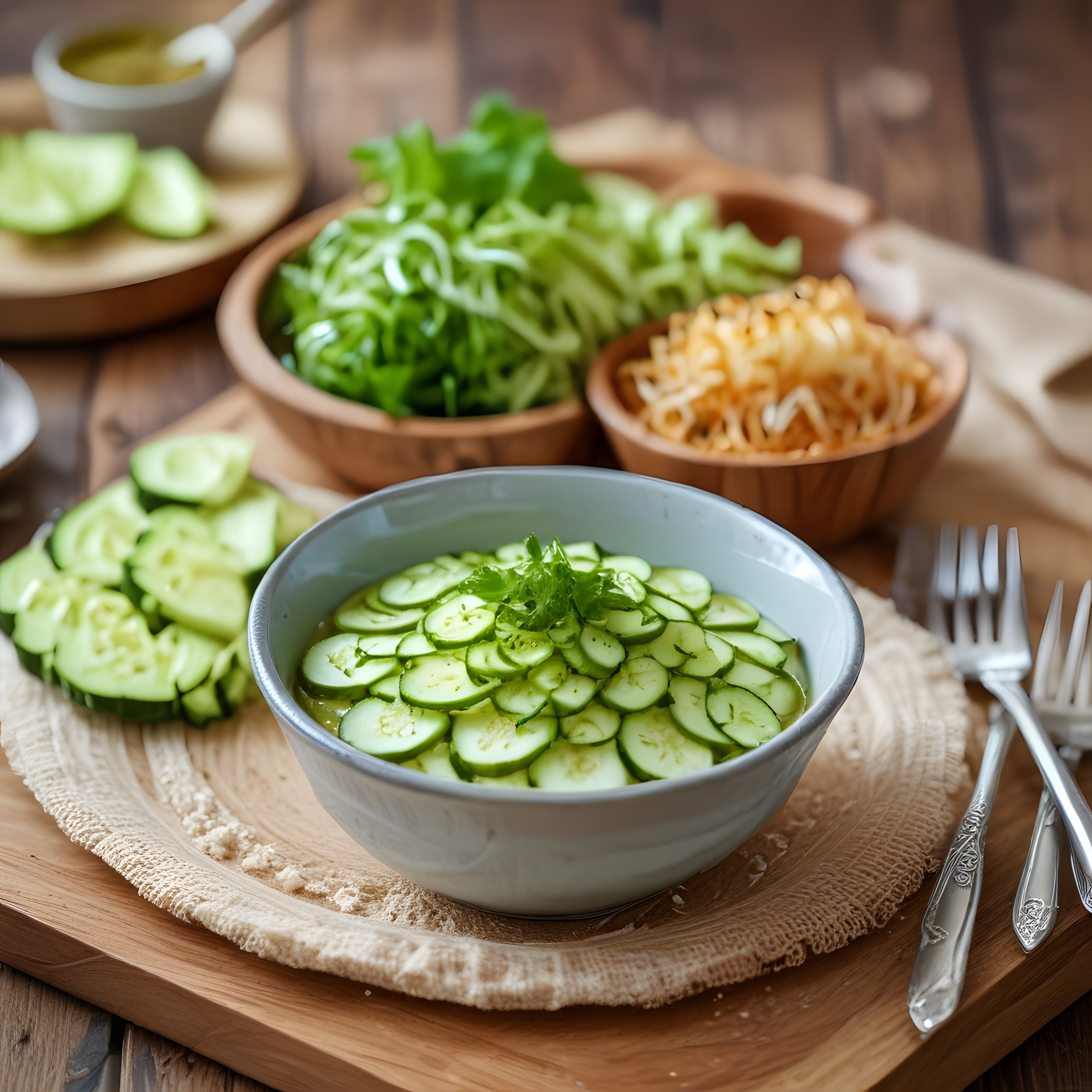 Rustik Mutfakta Taze Salatalık Dilimleri ve Yeşil Salata Malzemeleri