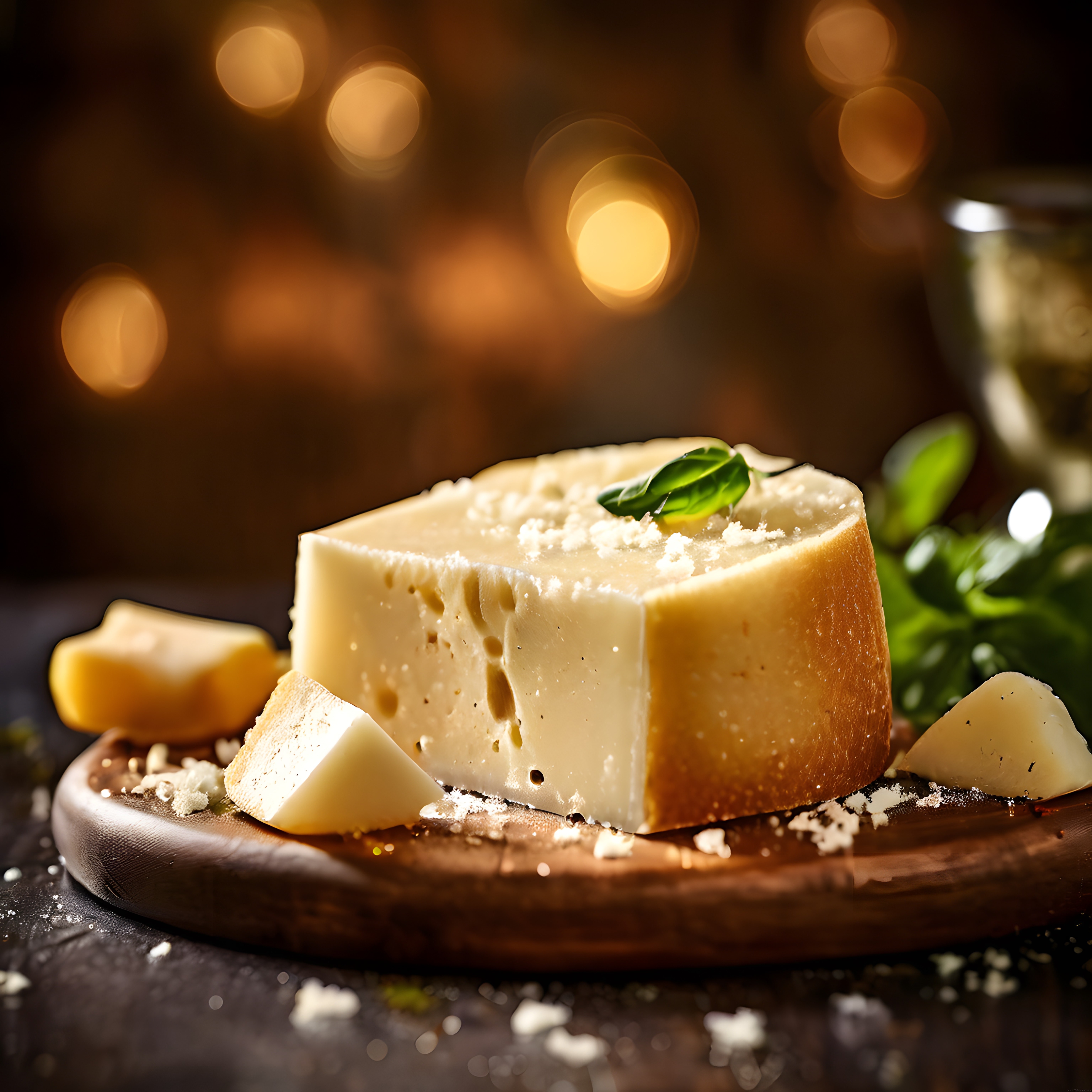 rustik ortamda ahşap sunum tahtası üzerinde taze parmesan peyniri ve fesleğen