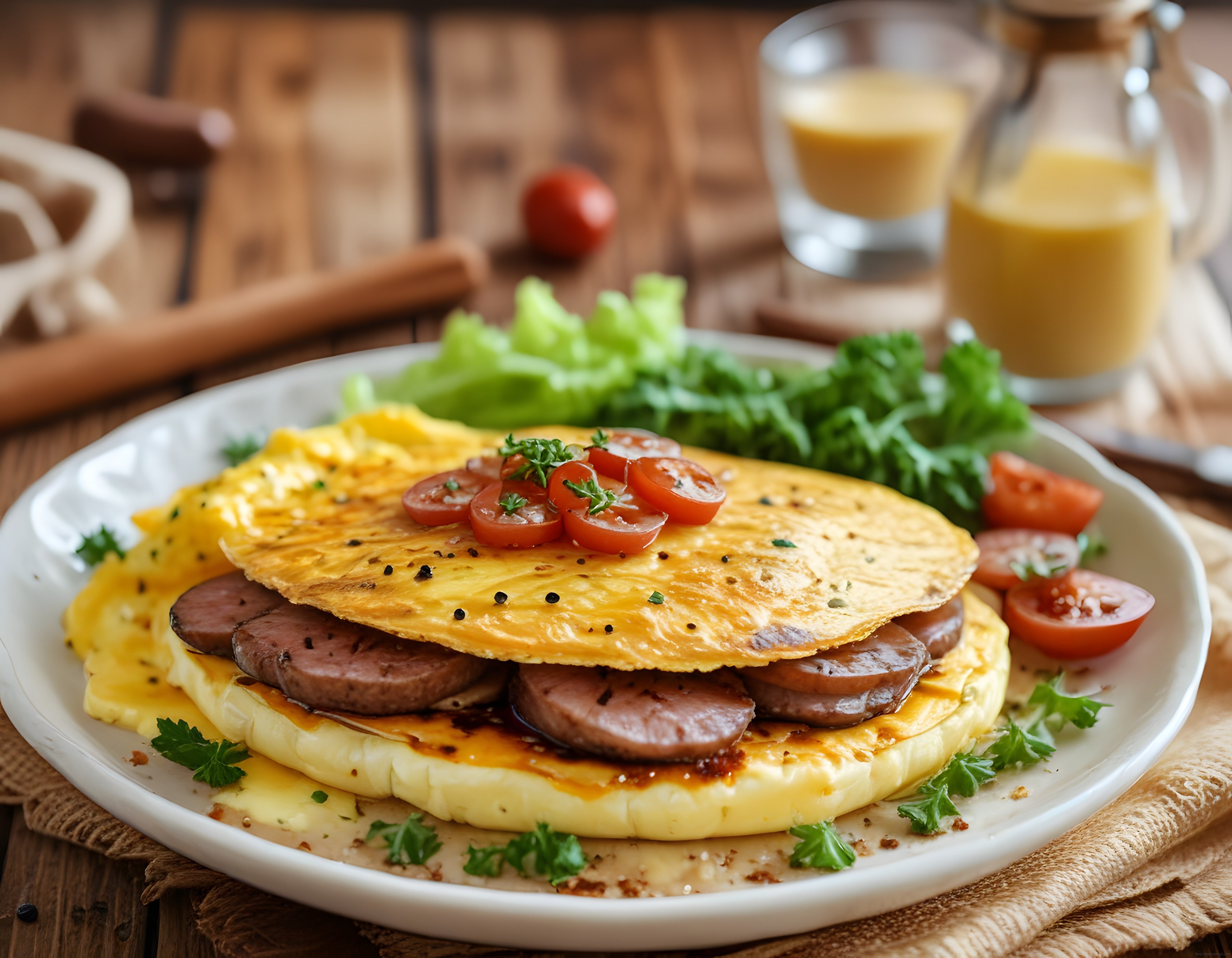 Rustik Sucuklu Omlet ve Latte Eşliğinde Nefis Kahvaltı Masası