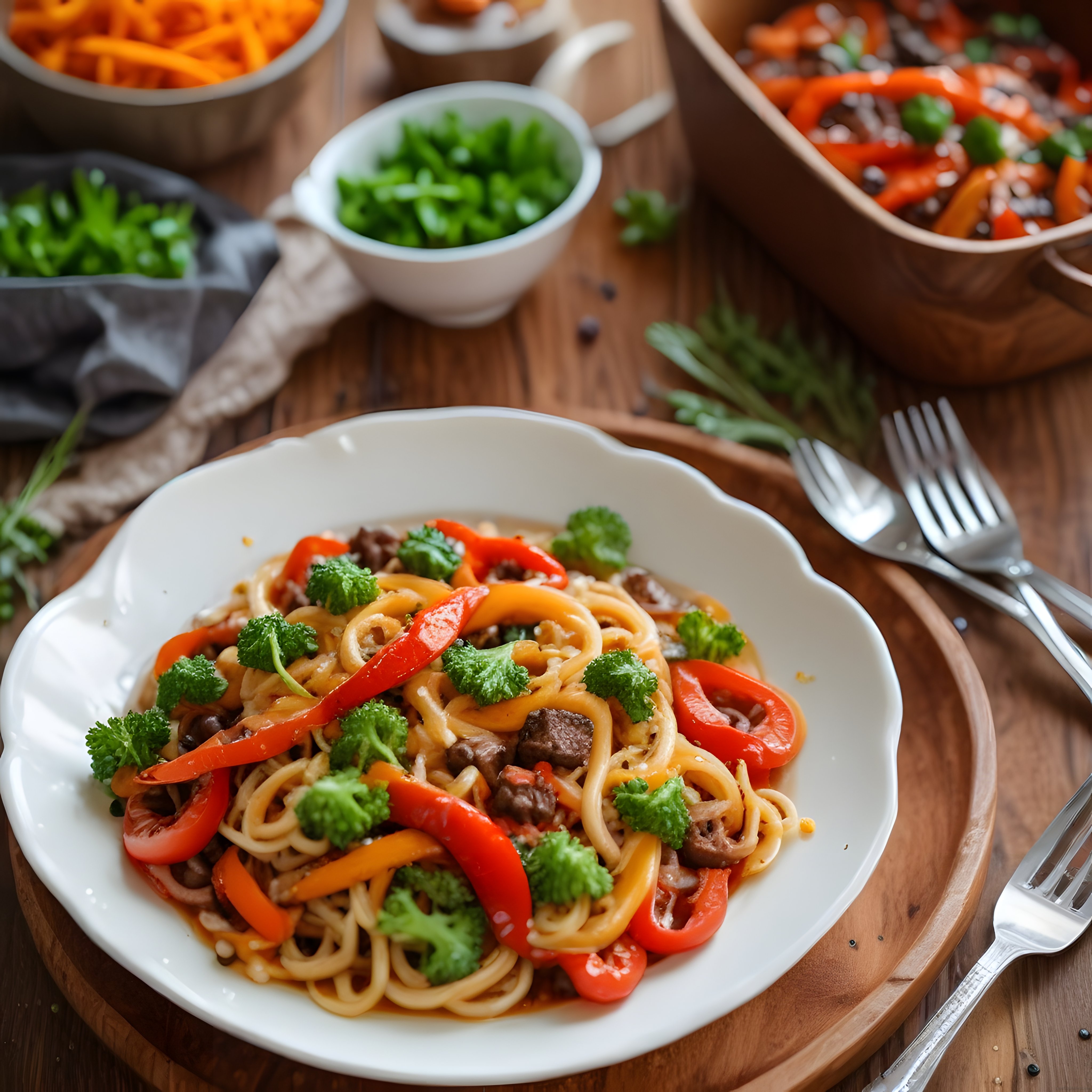 Rustik Sunum Tahtası Üzerinde Sebzeli Etli Noodle Makarna Tabağı