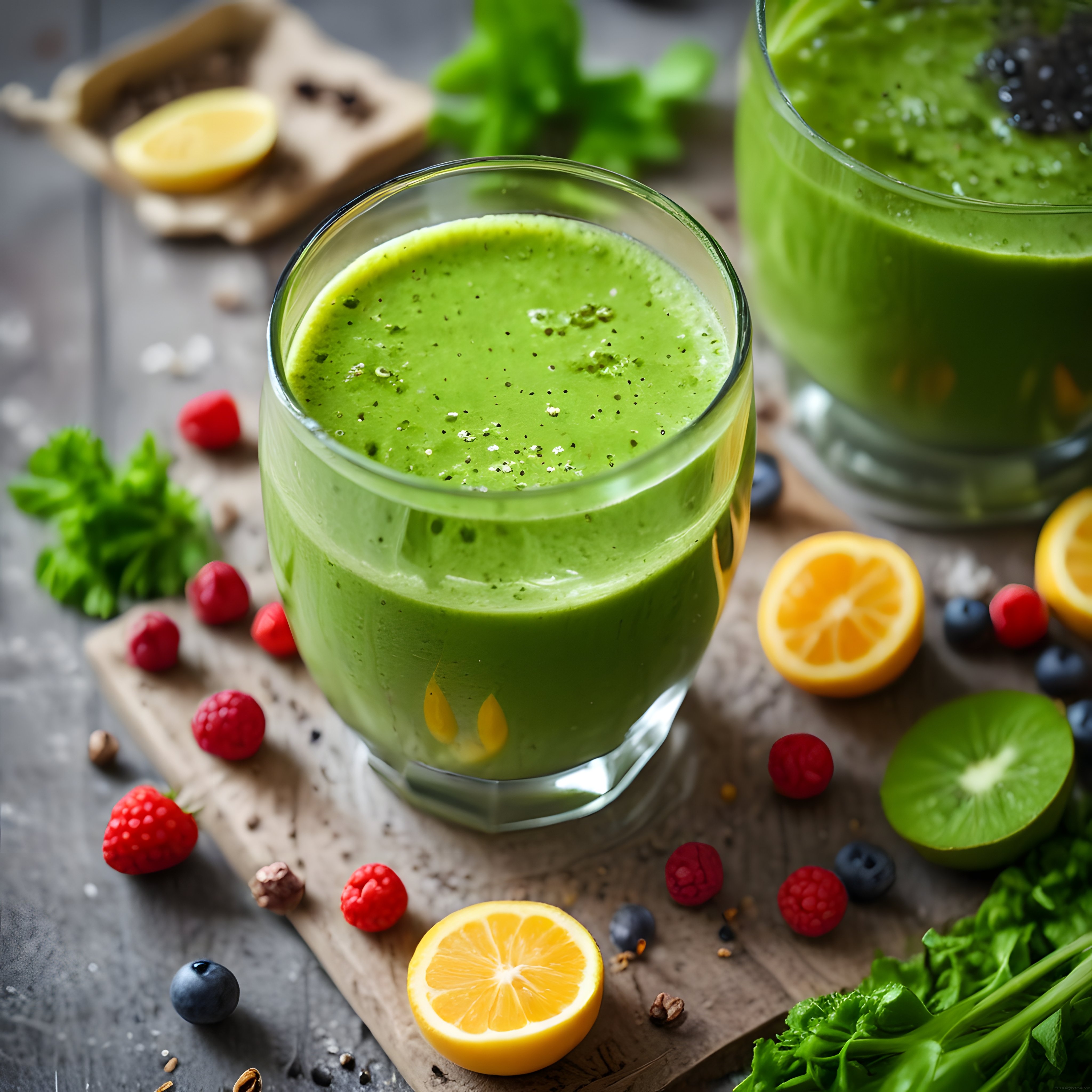 Rustik Sunum Tahtası Üzerinde Taze Meyvelerle Hazırlanmış Ev Yapımı Yeşil Detoks Smoothie