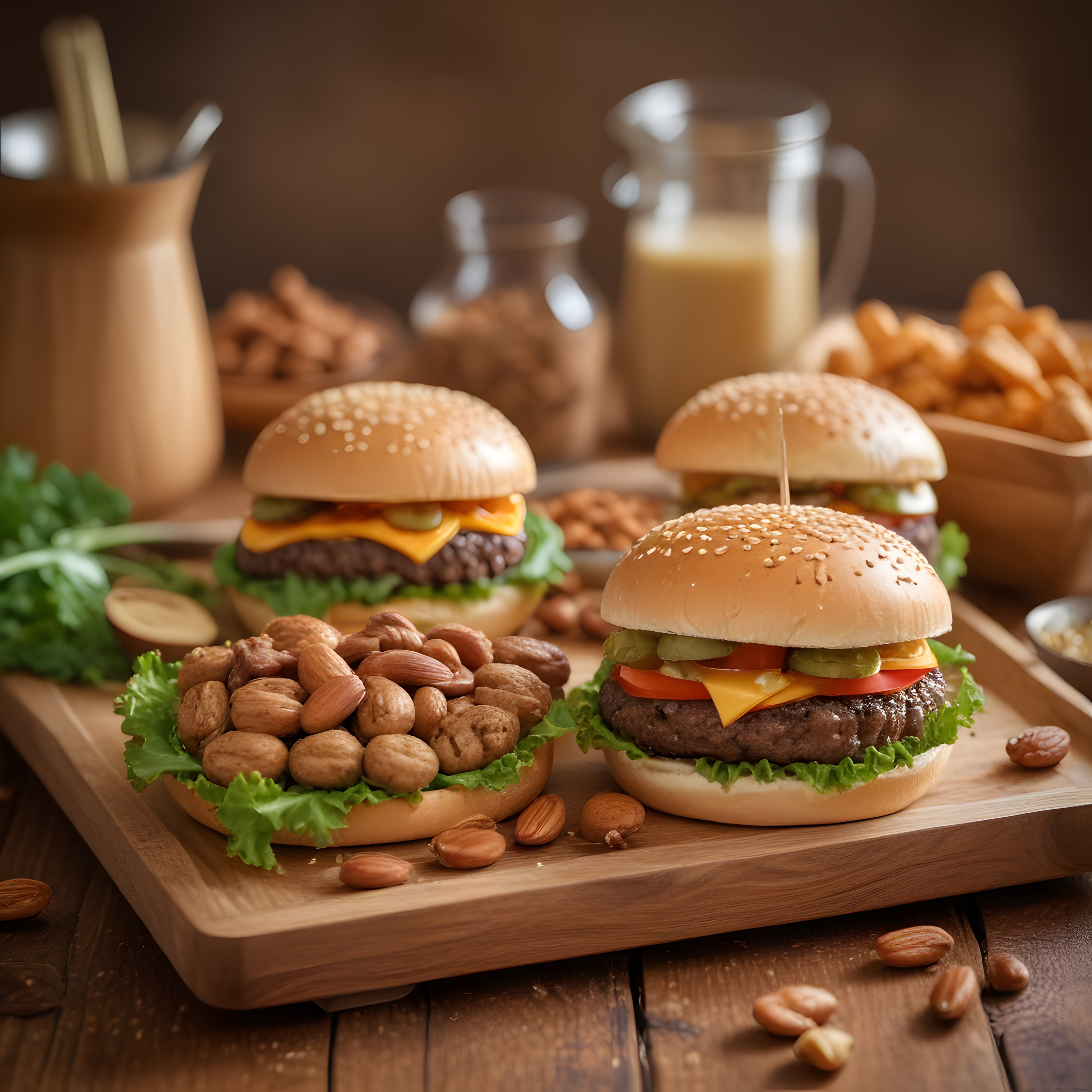 Rustik Sunum Tahtasında Gourmet Cheeseburger Patates ve Sütlü İçecek Eşliği