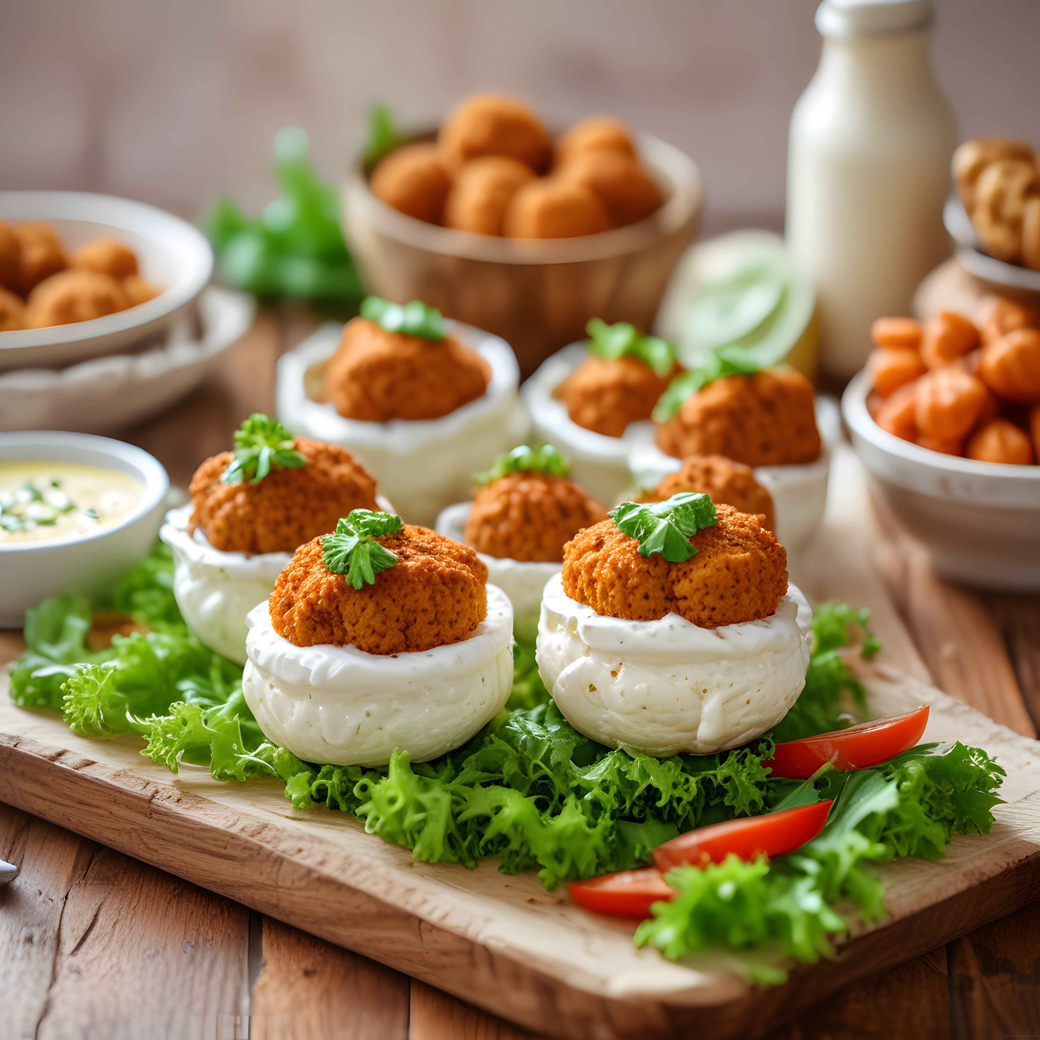 rustik sunum tahtasında peynirli falafel ve taze yeşilliklerle şık tabak